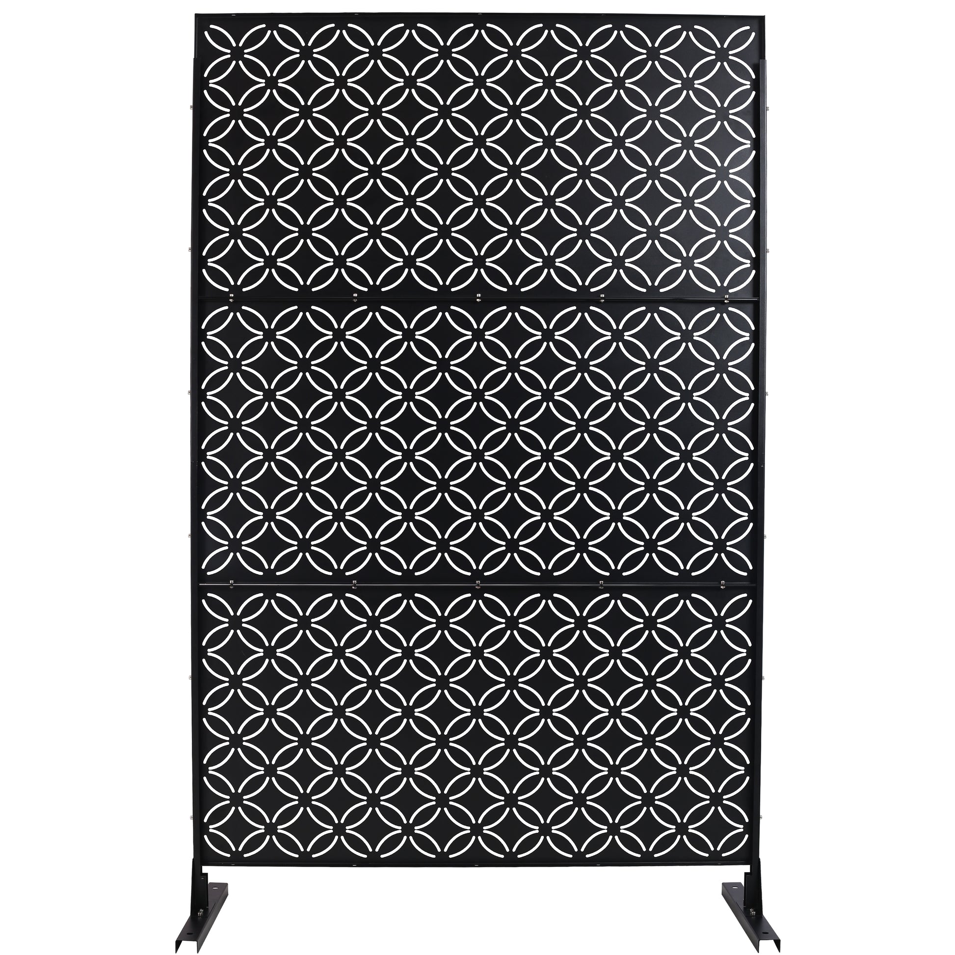Black metal garden screen with interlocking circle pattern perfect for outdoor privacy