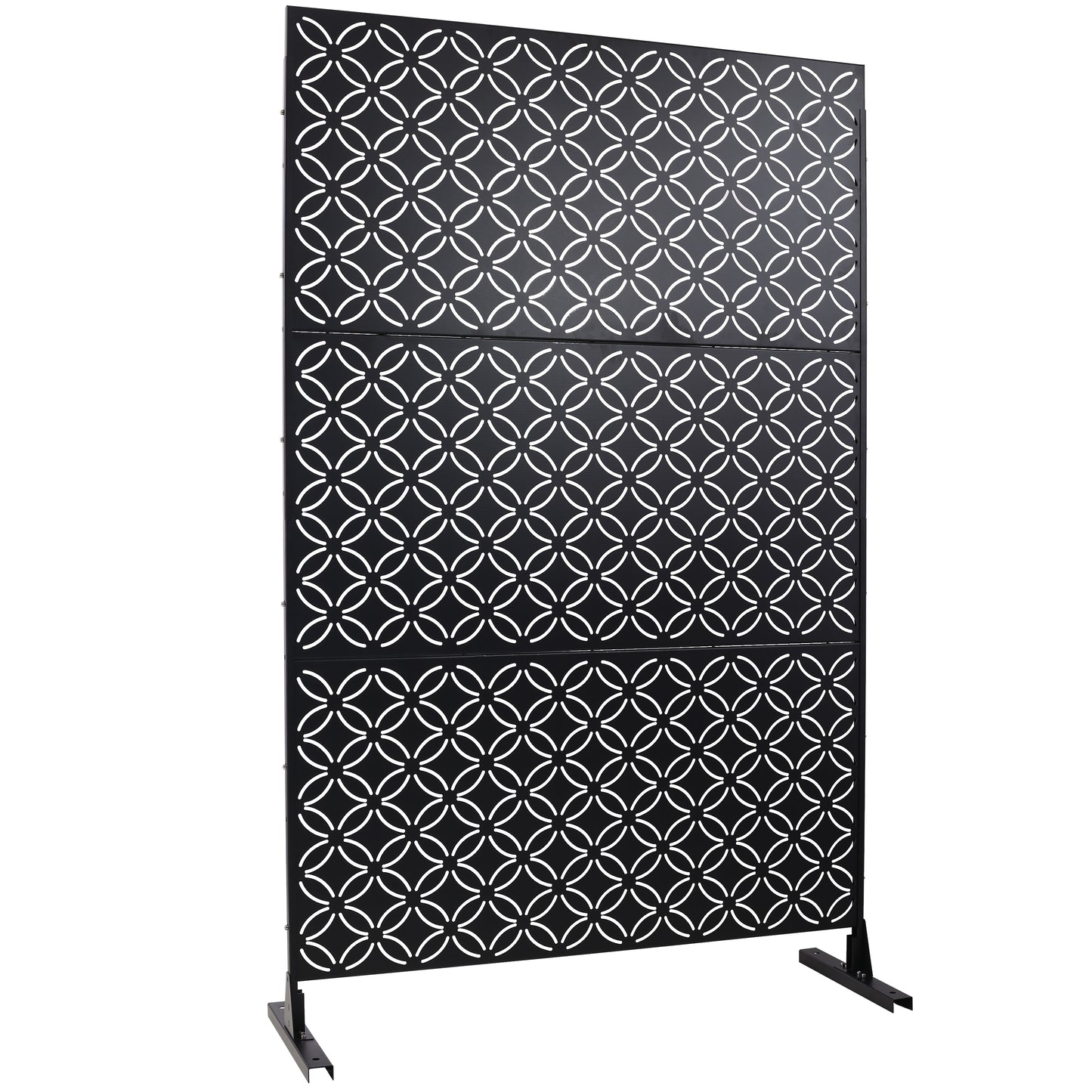 Black metal privacy screen with interlocking circle pattern ideal for gardens