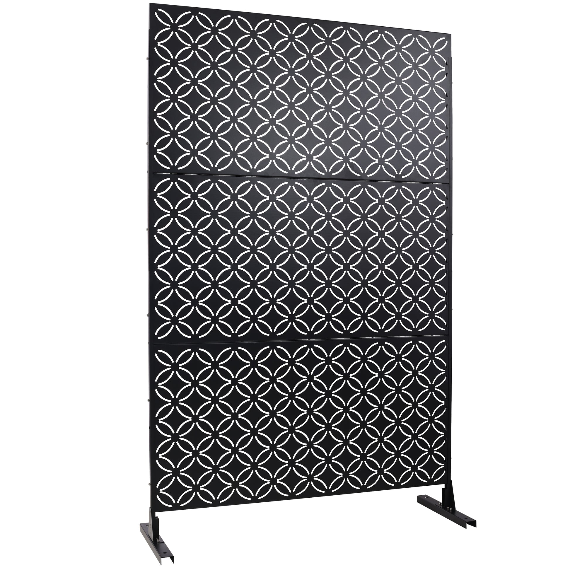Black metal privacy screen with interlocking circle pattern ideal for gardens