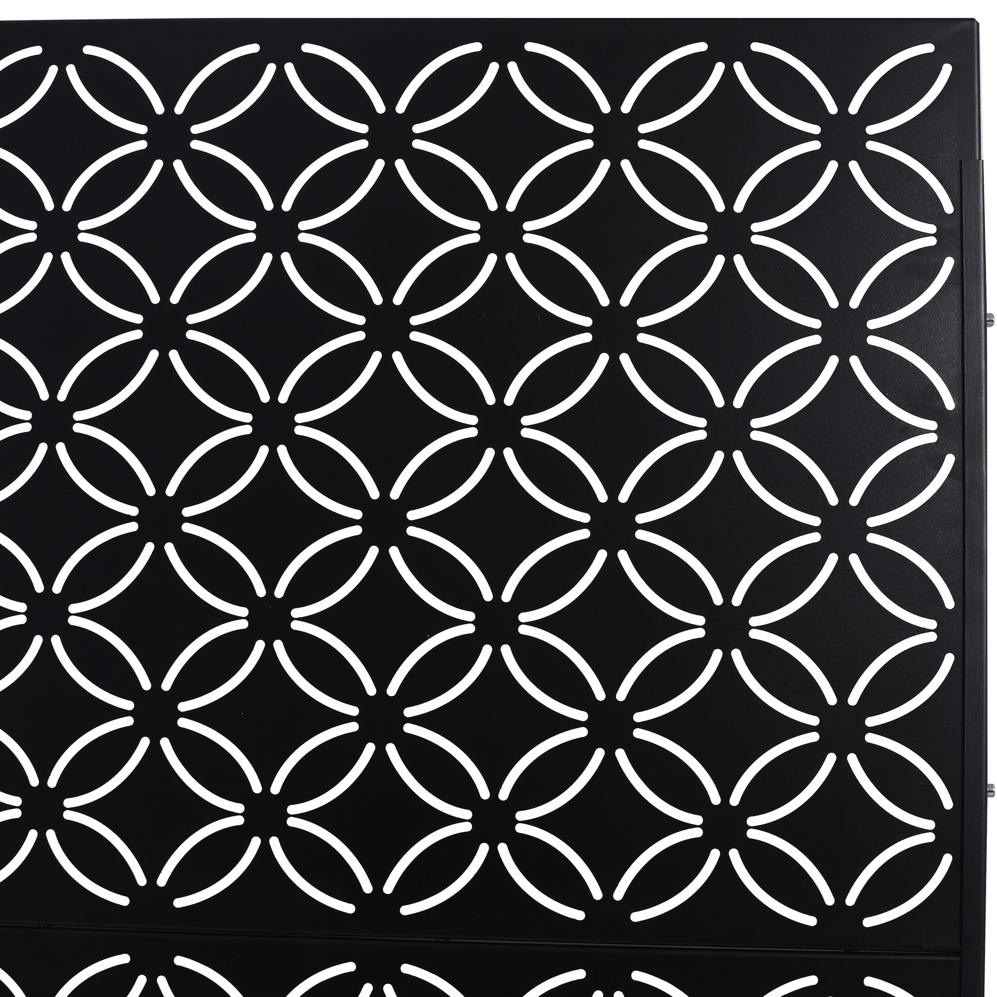 Black metal screen with interlocking white circles geometric pattern modern design accent