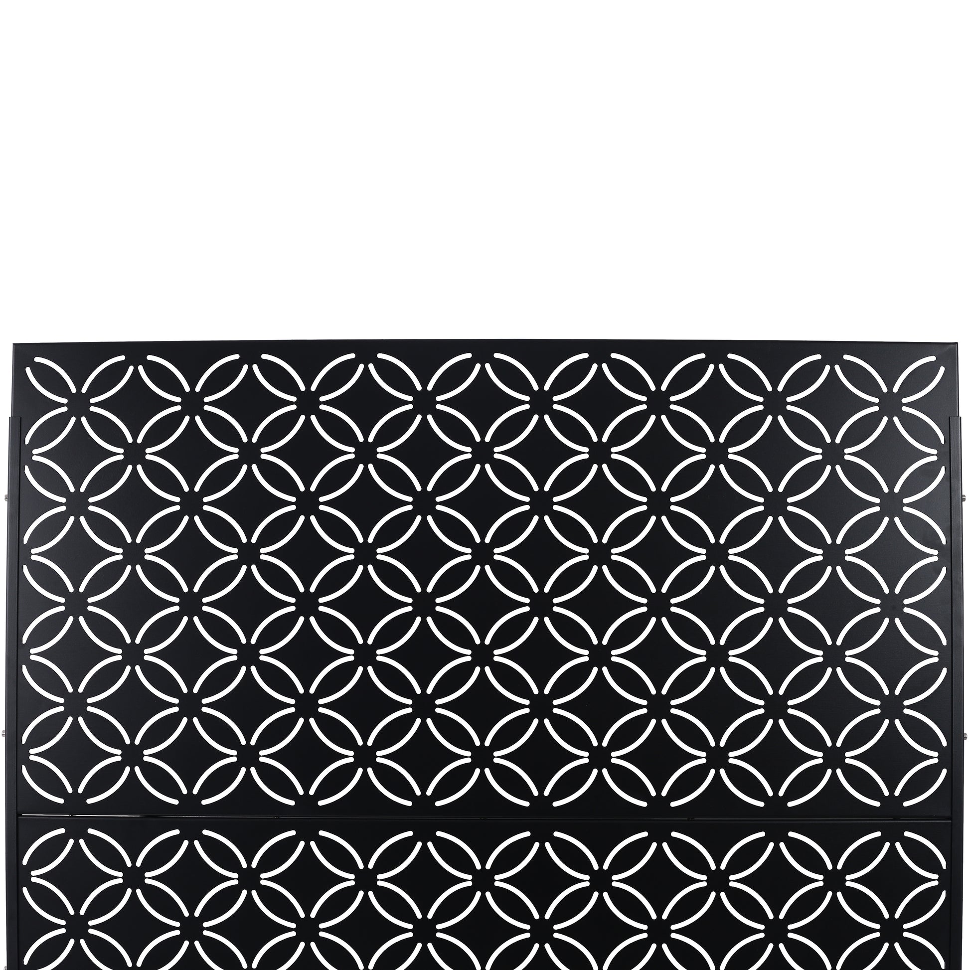 Black metal decorative screen with a geometric interlocking circle pattern ideal for garden fencing