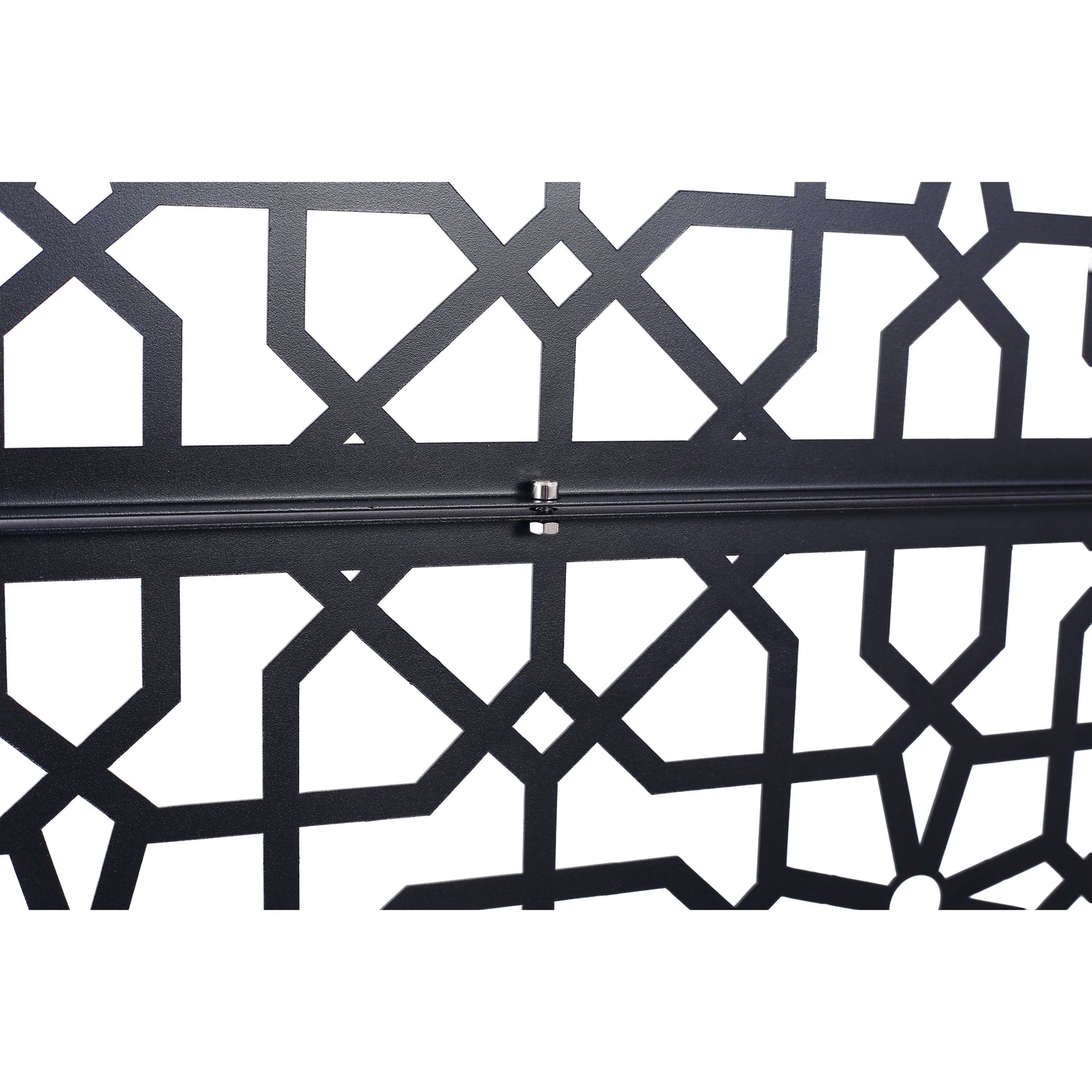 Black metal screen with intricate geometric pattern outdoor privacy screen