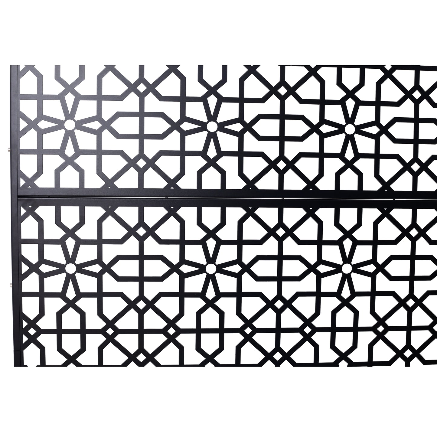 Black metal privacy screen with intricate geometric pattern for gardens