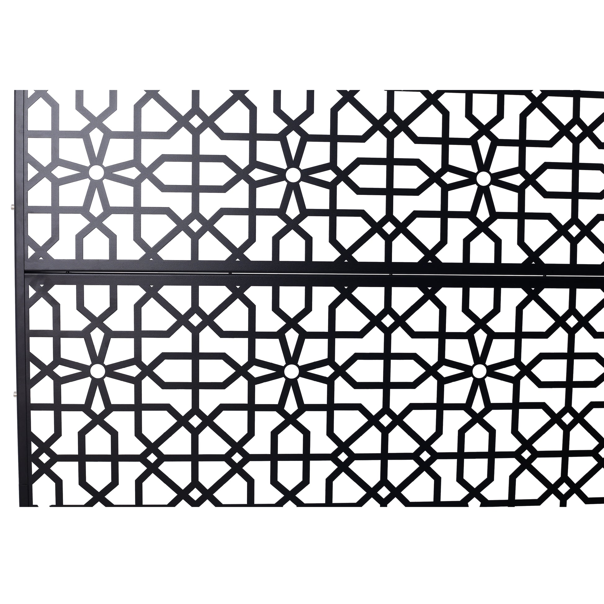 Black metal privacy screen with intricate geometric pattern for gardens