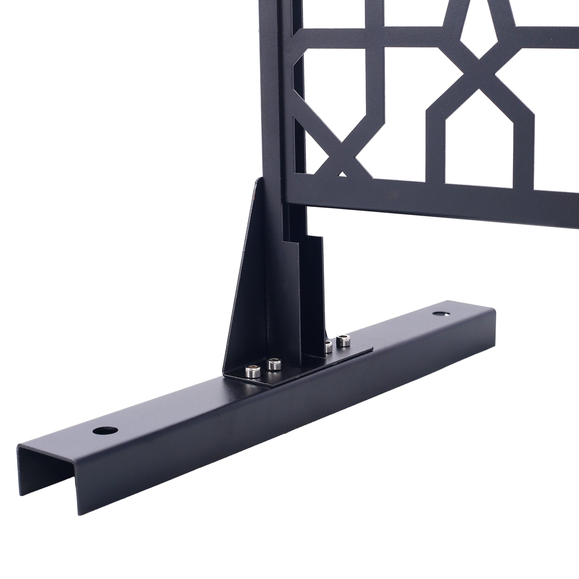 Black metal privacy screen fence base with geometric star pattern detail