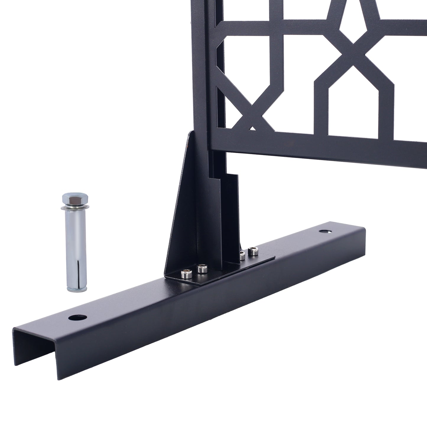 Black metal garden trellis base with geometric star pattern includes anchor bolt