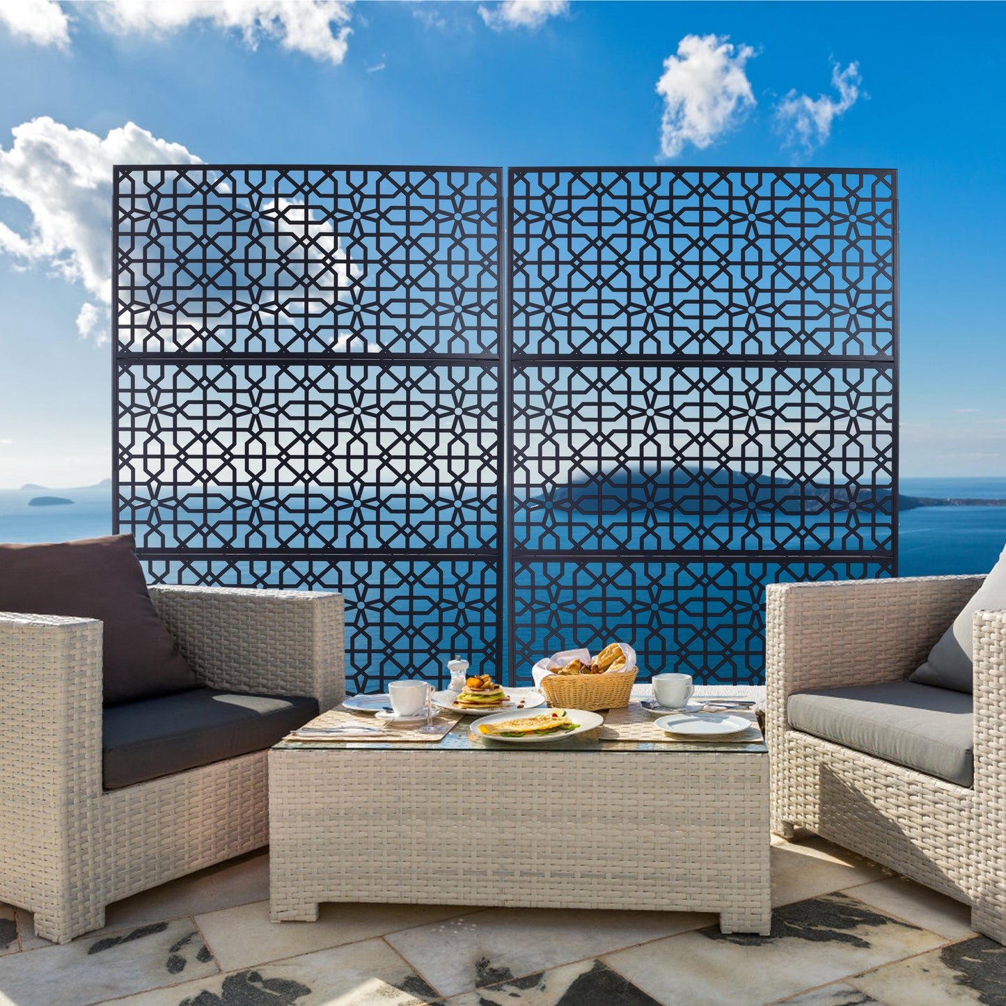 Modern black geometric privacy screen with intricate patterns perfect for outdoor patios