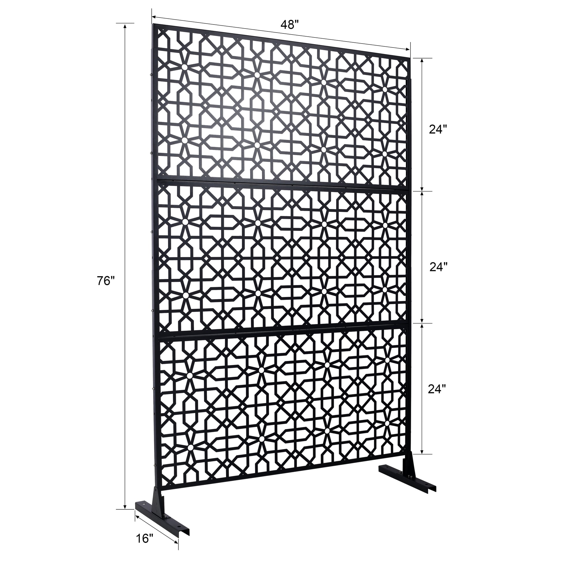 Black geometric metal room divider screen  inches tall with intricate patterns