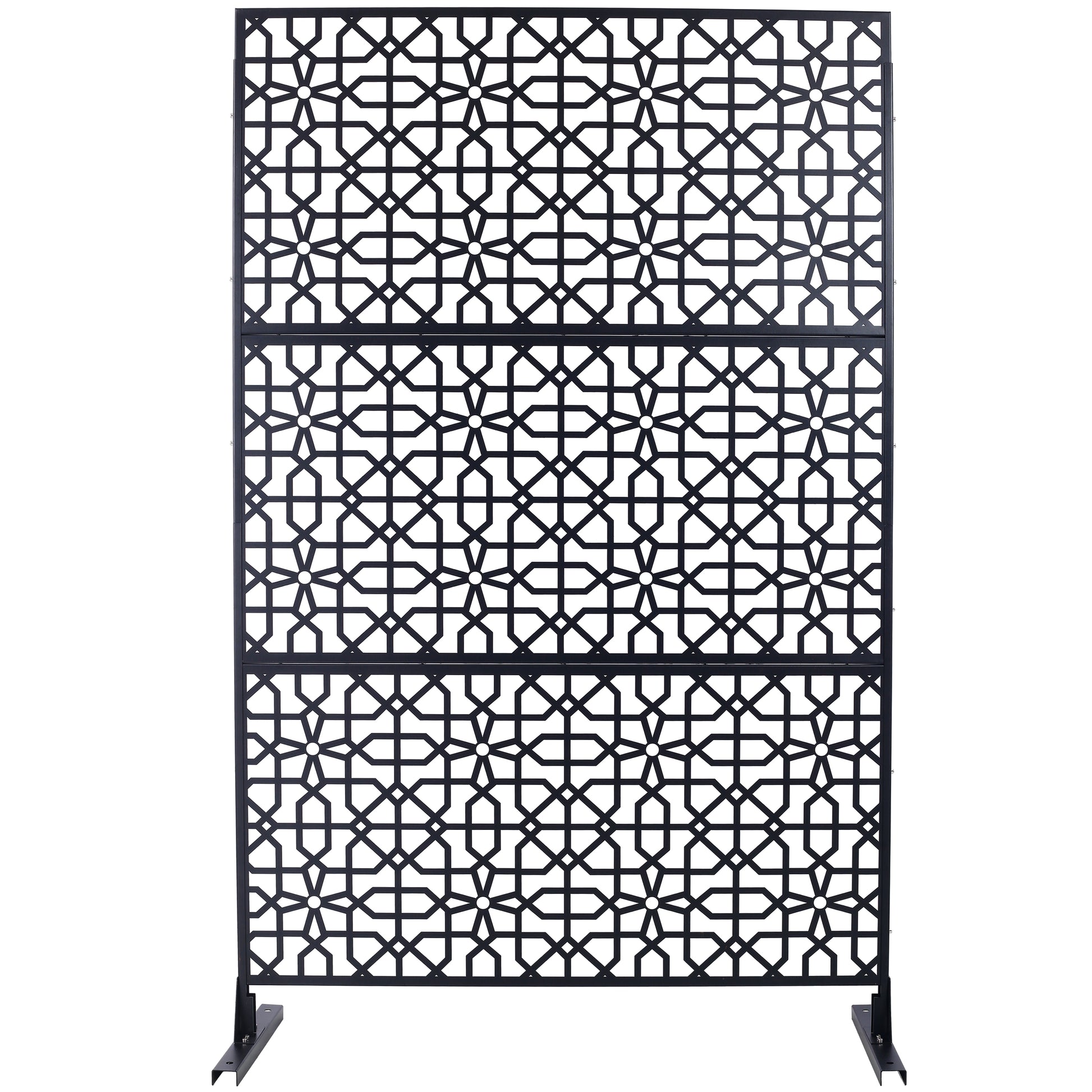 Black metal decorative screen with intricate geometric patterns for outdoor use