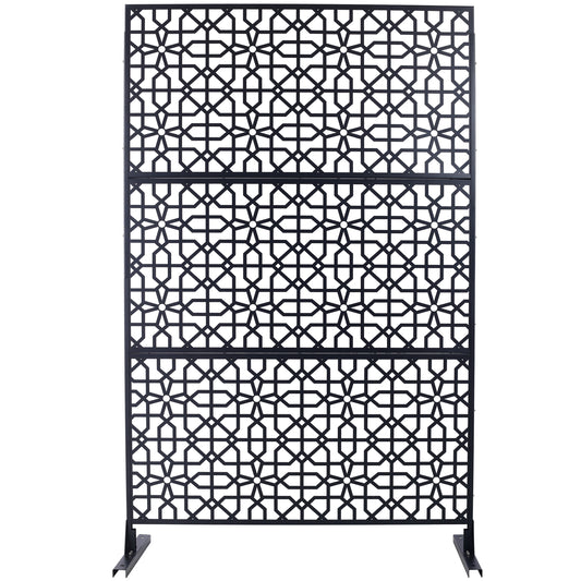 Black metal decorative screen with intricate geometric patterns for outdoor use