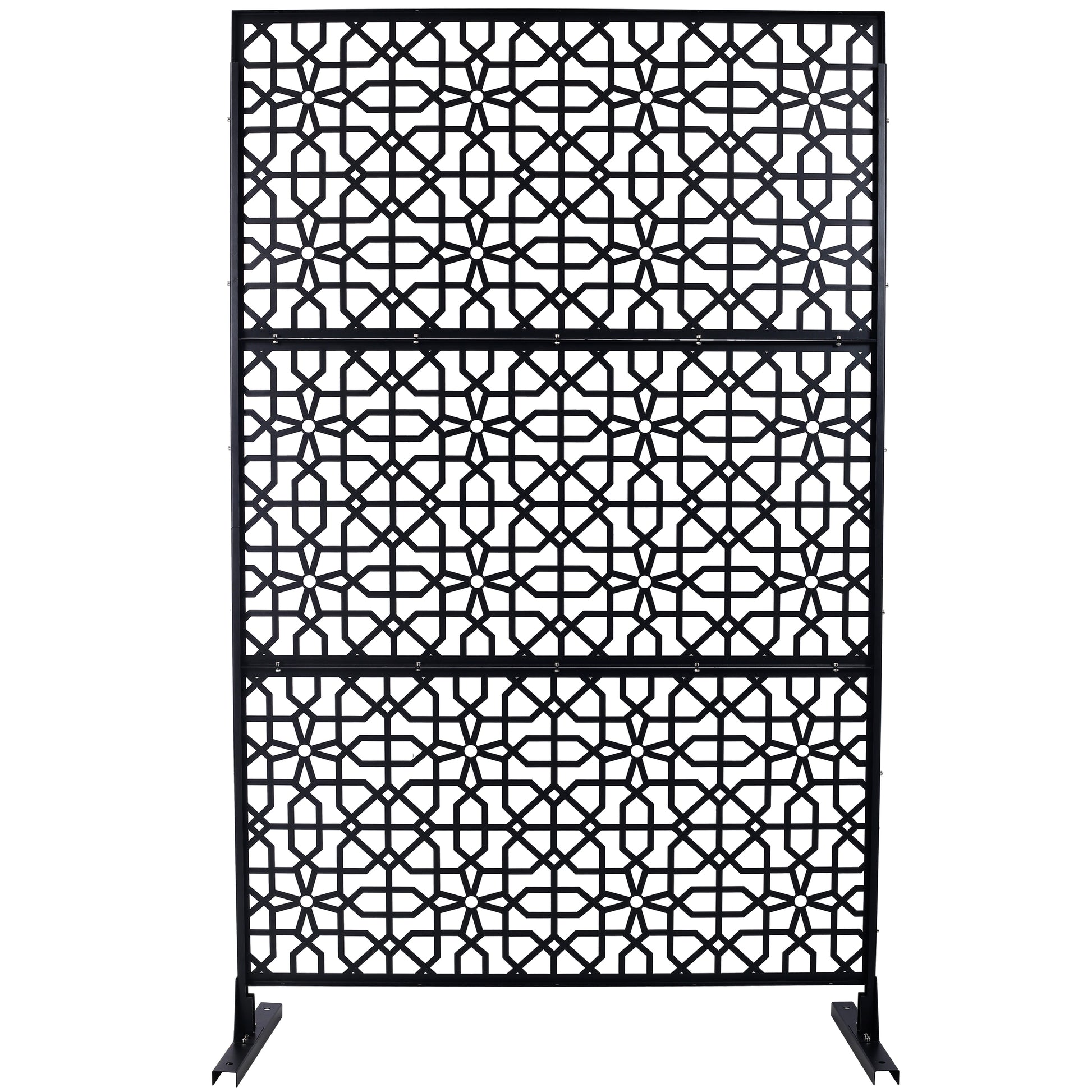 Black metal folding screen with geometric pattern ideal for privacy screens