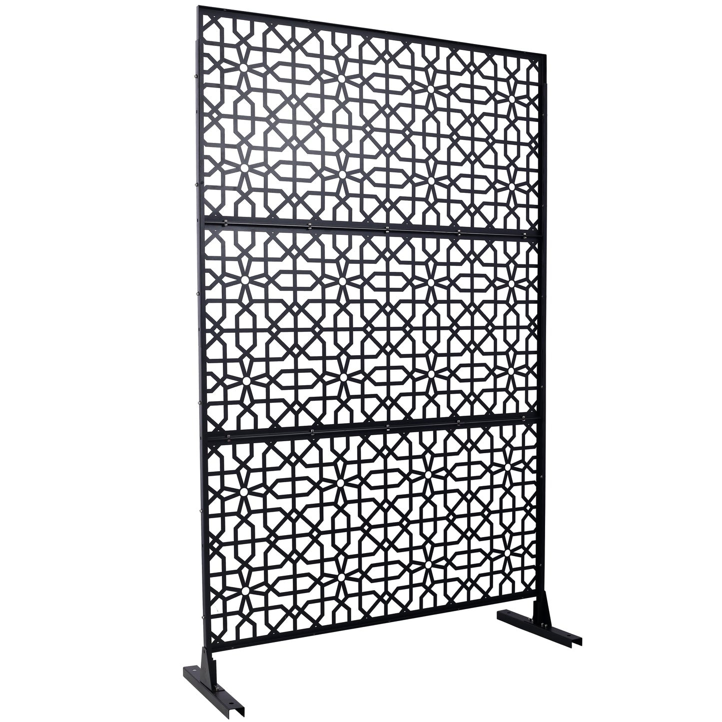 Black geometric metal privacy screen with intricate star pattern  inches tall