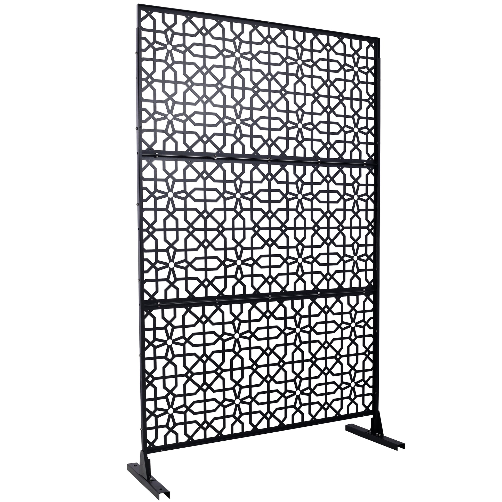 Black geometric metal privacy screen with intricate star pattern  inches tall
