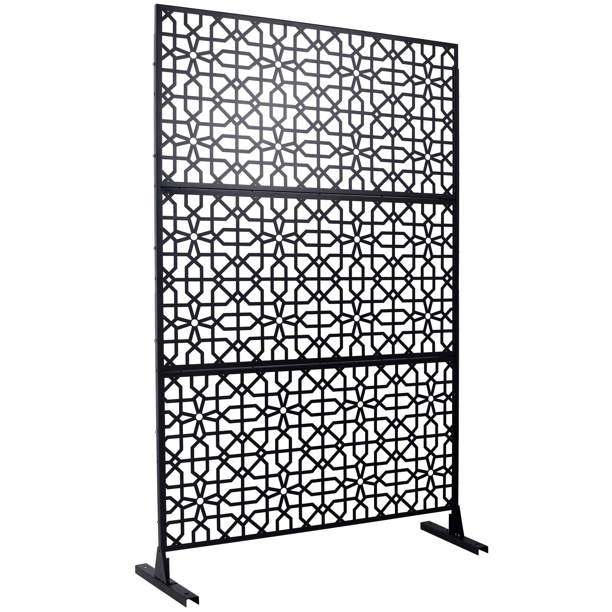 Tall black metal room divider with intricate geometric patterns for home decor