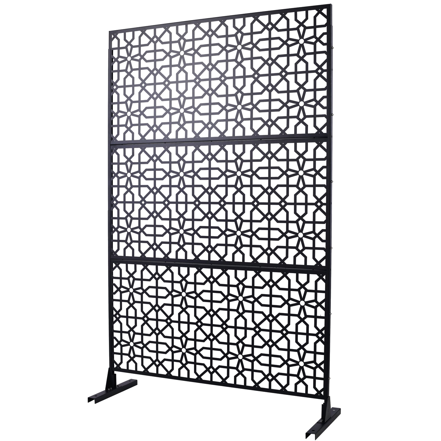 Black metal decorative screen with intricate geometric lattice pattern and sturdy base