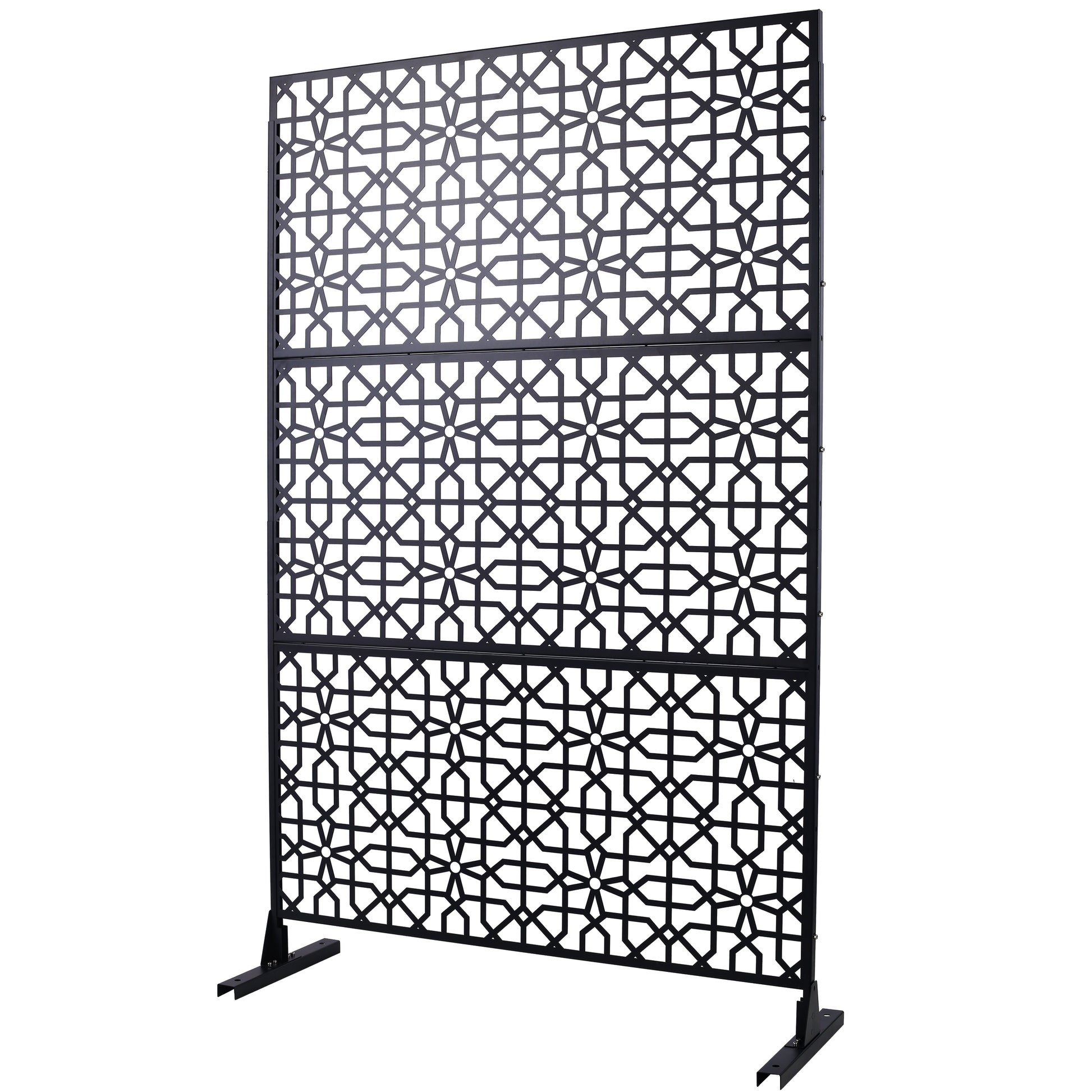 Black metal decorative screen with intricate geometric lattice pattern and sturdy base