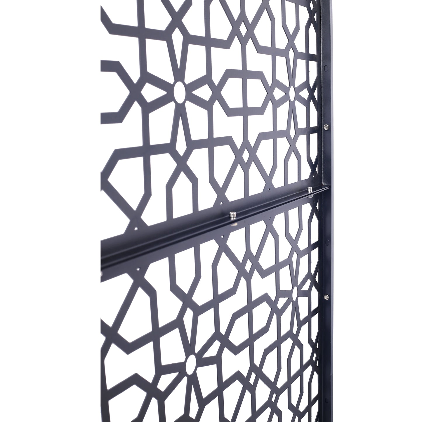 Dark gray metal privacy screen panel with intricate geometric cutouts ideal for gardens