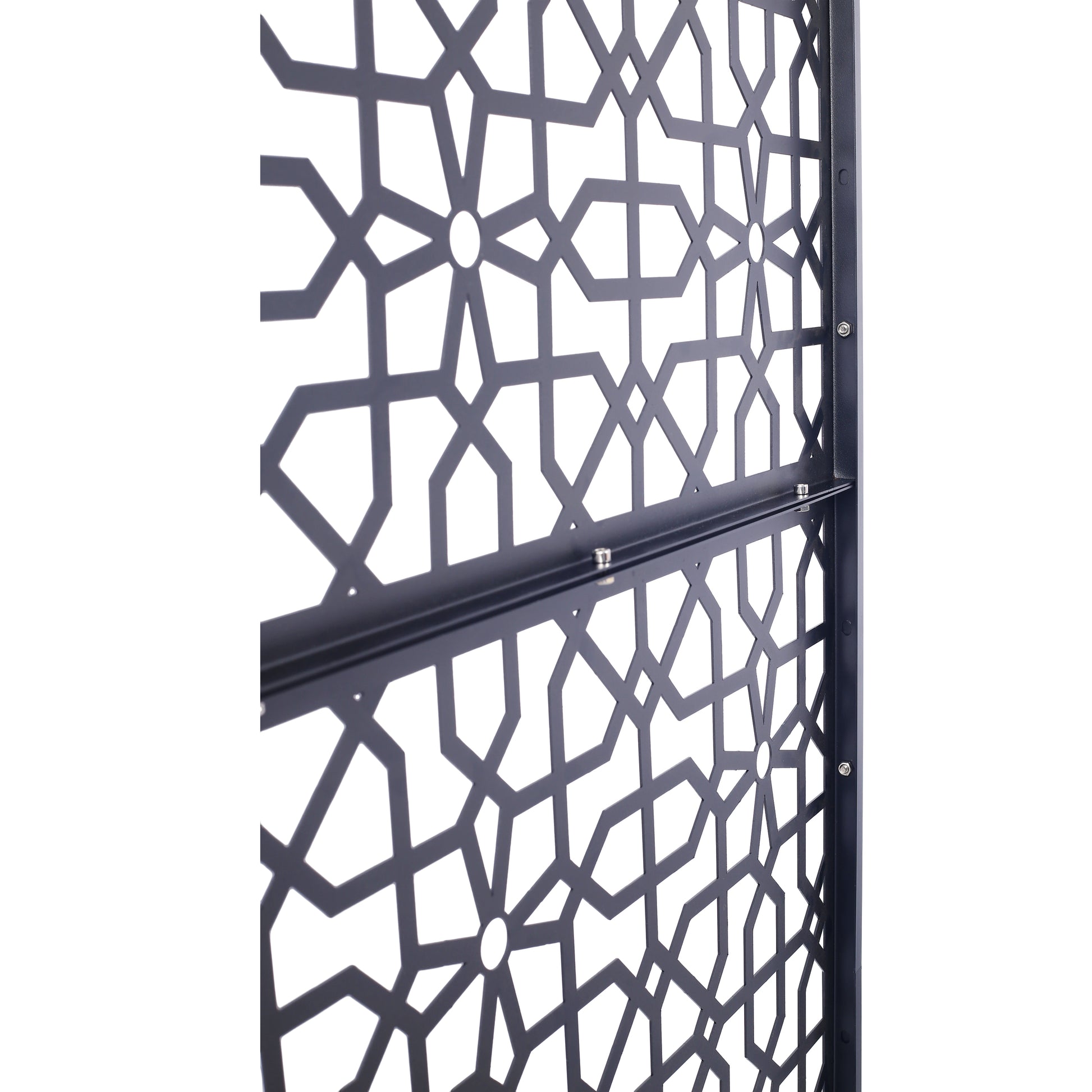 Dark gray metal privacy screen panel with intricate geometric cutouts ideal for gardens