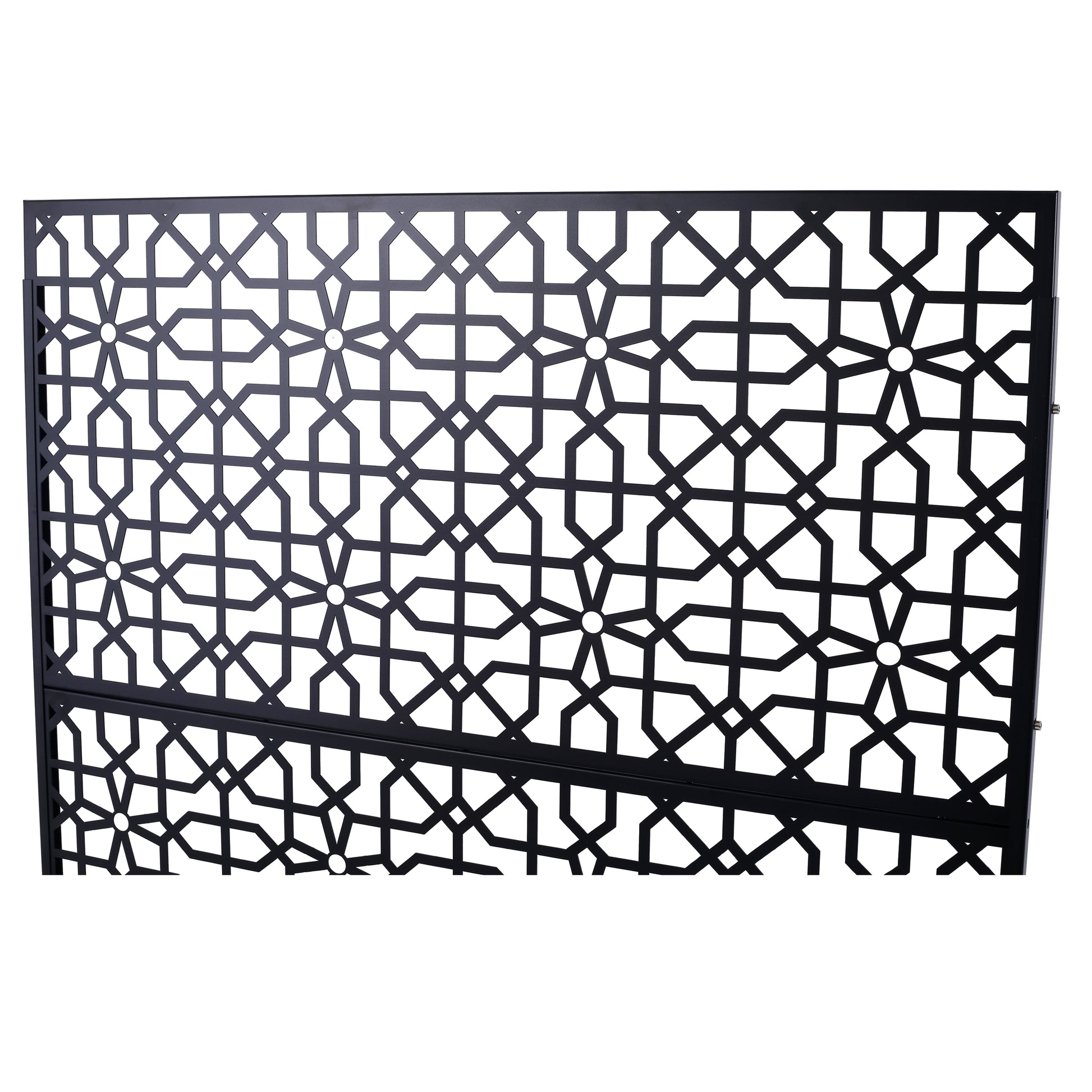 Black metal decorative screen with intricate geometric patterns ideal for privacy screens