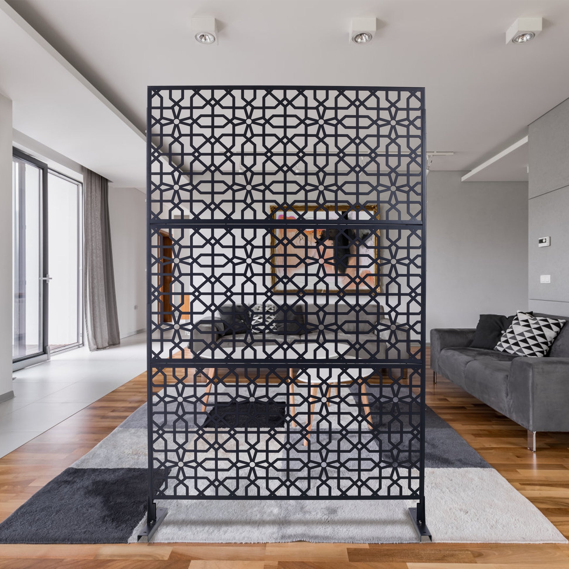 Black geometric room divider with intricate Islamic pattern modern home decor accent