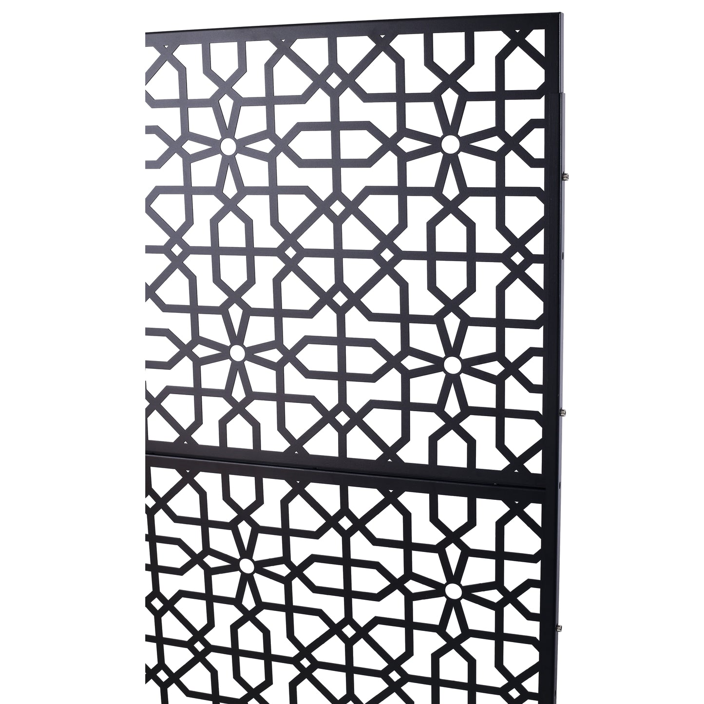 Black metal screen panel with intricate geometric lattice pattern suitable for privacy or decoration