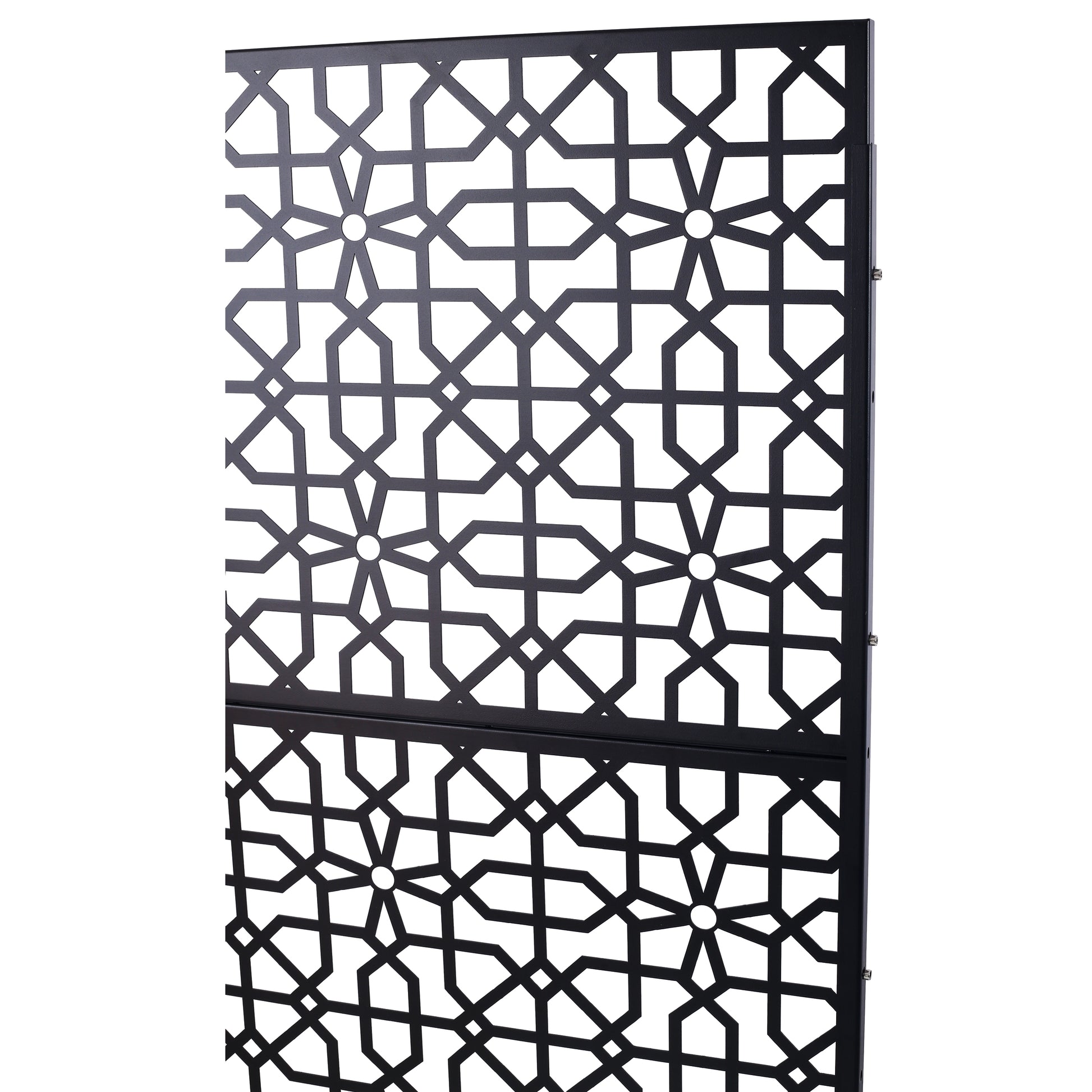 Black metal screen panel with intricate geometric lattice pattern suitable for privacy or decoration