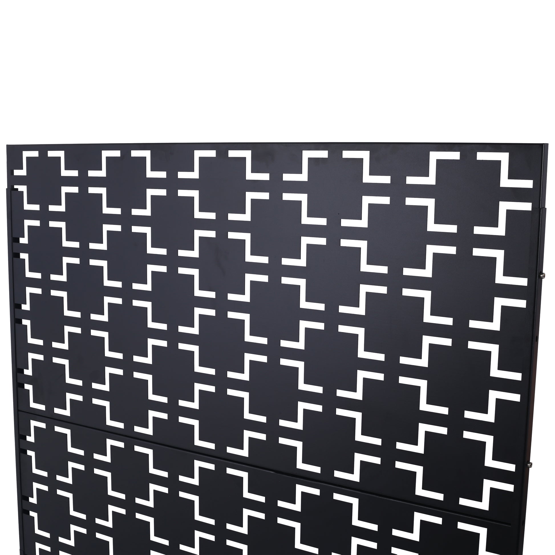 Black metal decorative screen panel with repeating geometric cutouts ideal for garden privacy