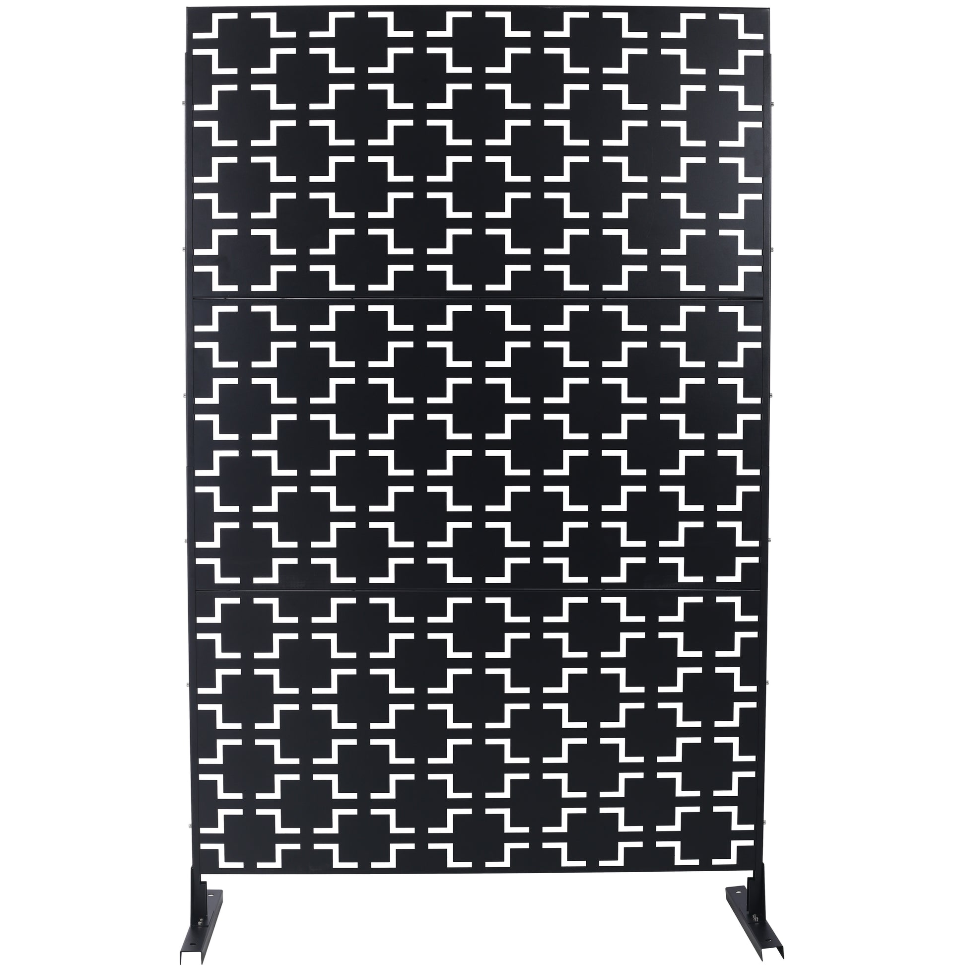 Black metal garden screen with a geometric white interlocking square pattern