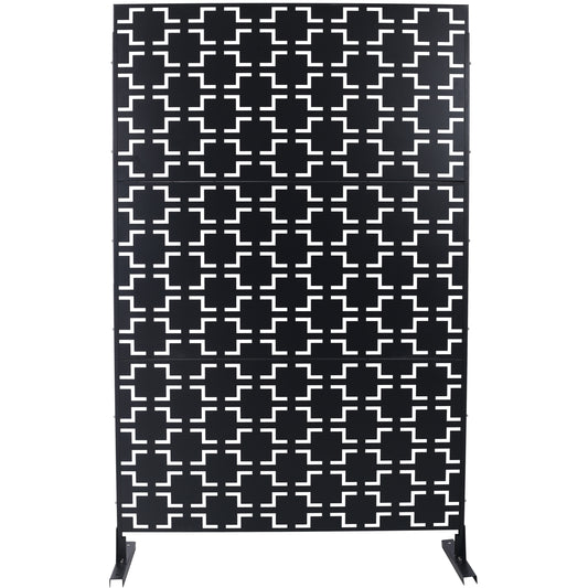 Black metal garden screen with a geometric white interlocking square pattern