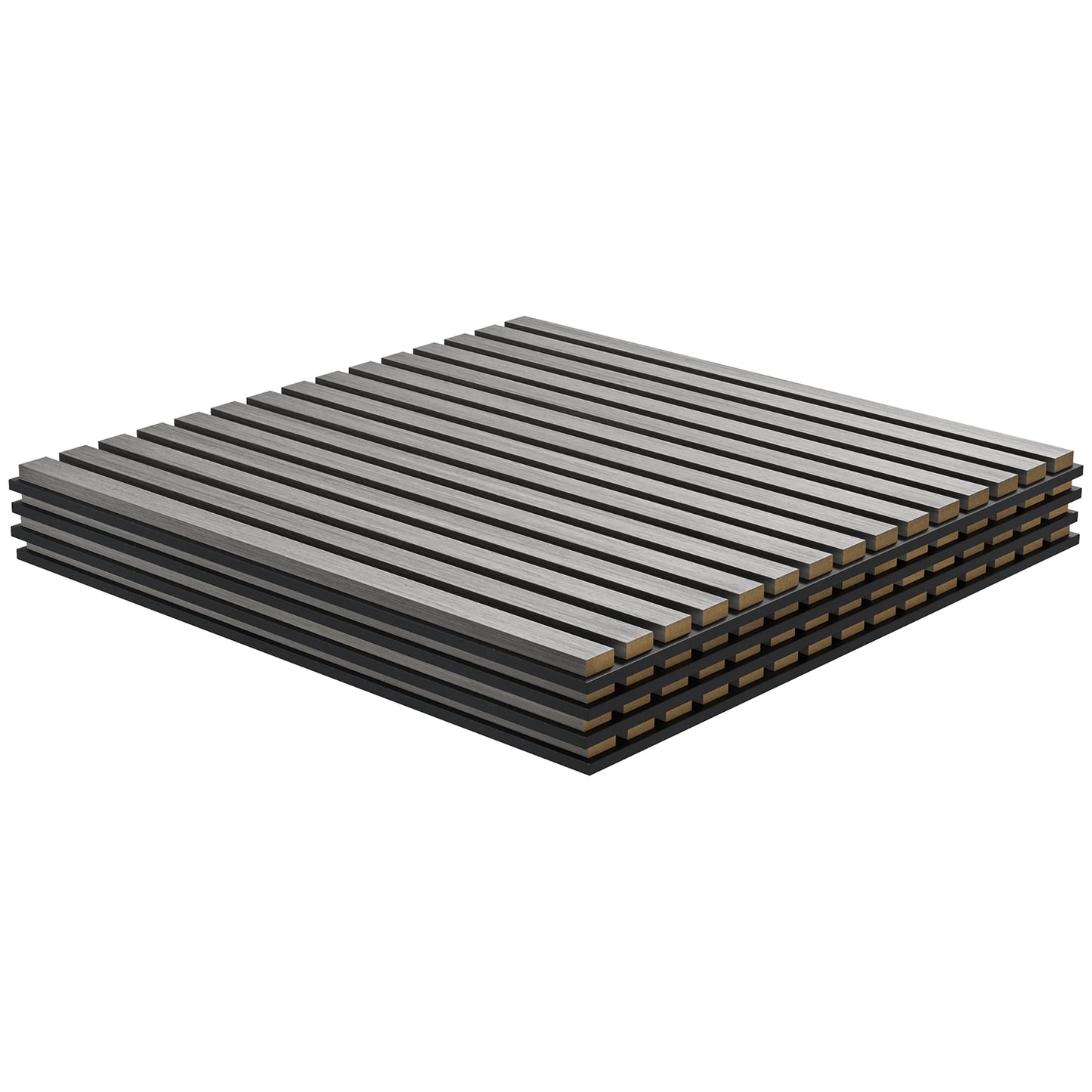 Stack of grey wood slat wall panels with black backing ideal for modern interior design