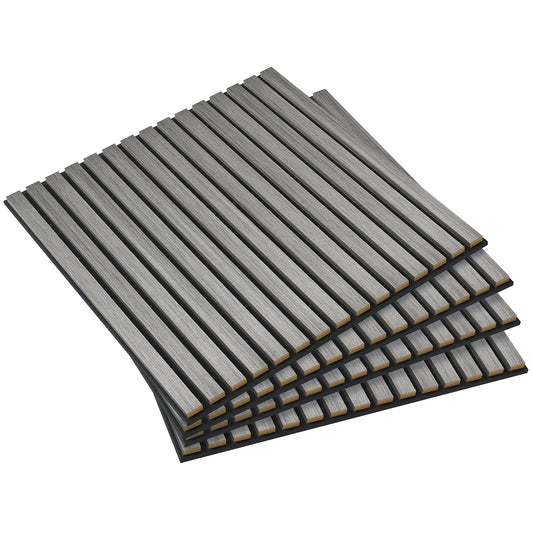 Stack of three gray wood slat wall panels with black backing