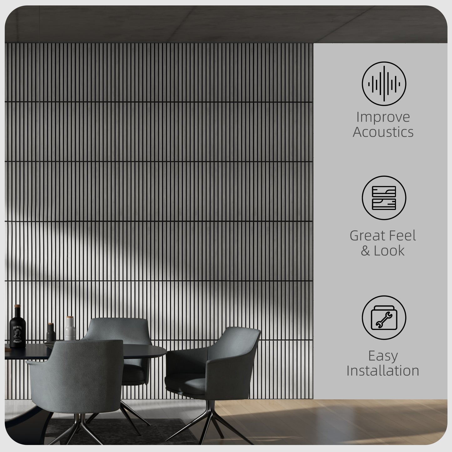Modern acoustic wood slats in a light gray finish enhancing room aesthetics