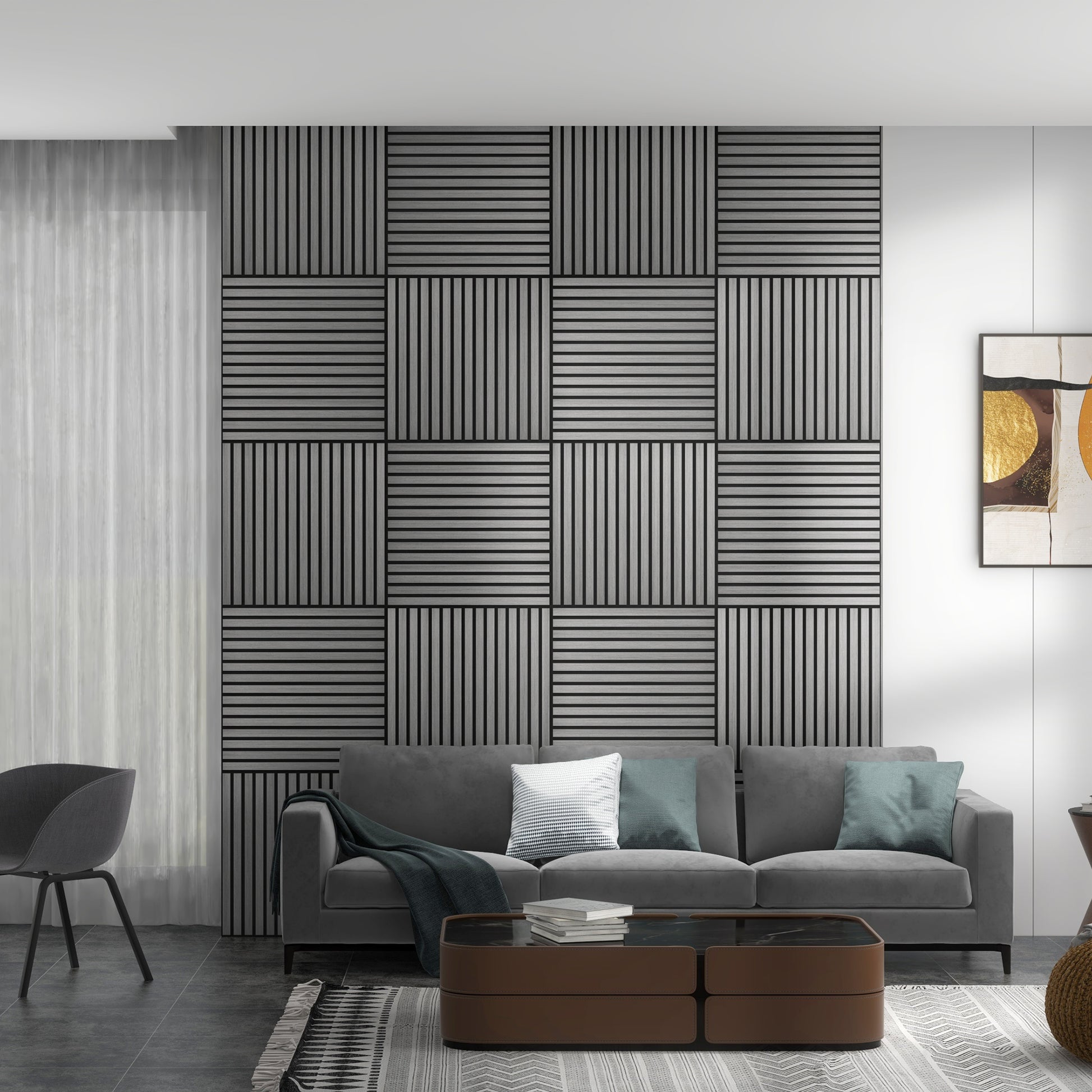 Modern grey acoustic wall panels with alternating horizontal and vertical slats