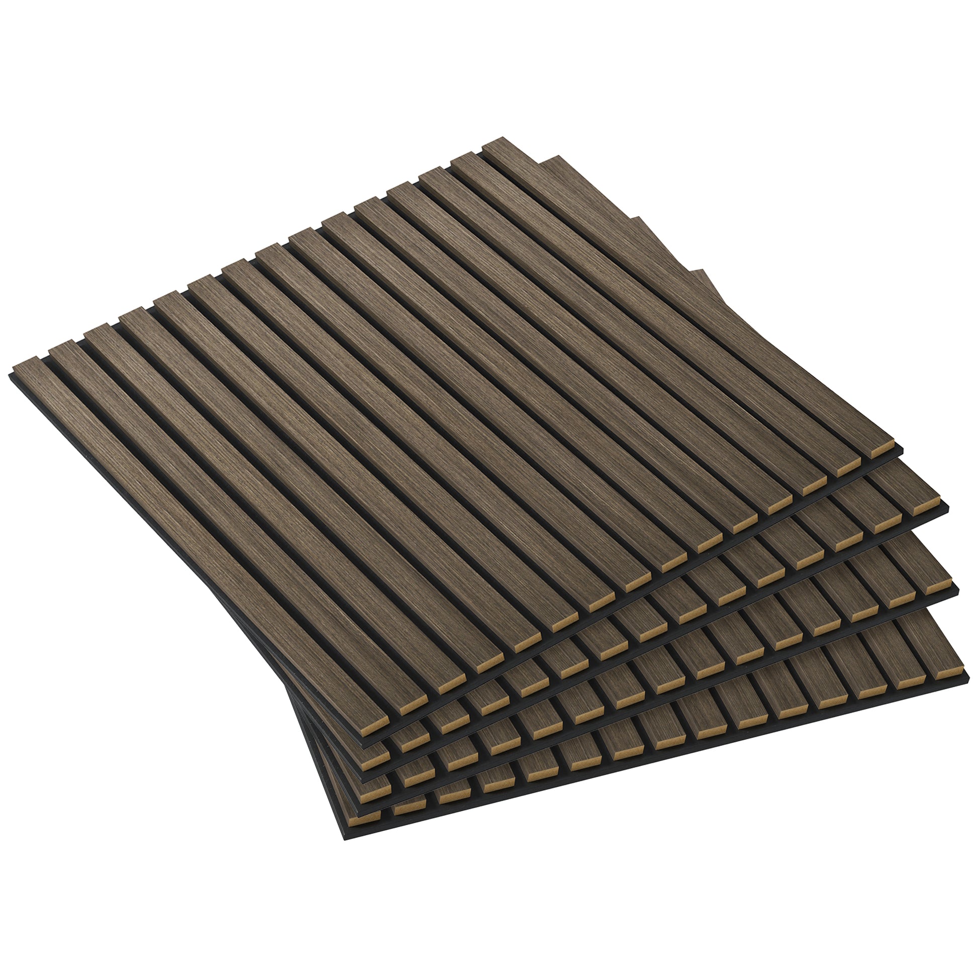 Brown slatted wood acoustic panels with black backing ideal for soundproofing