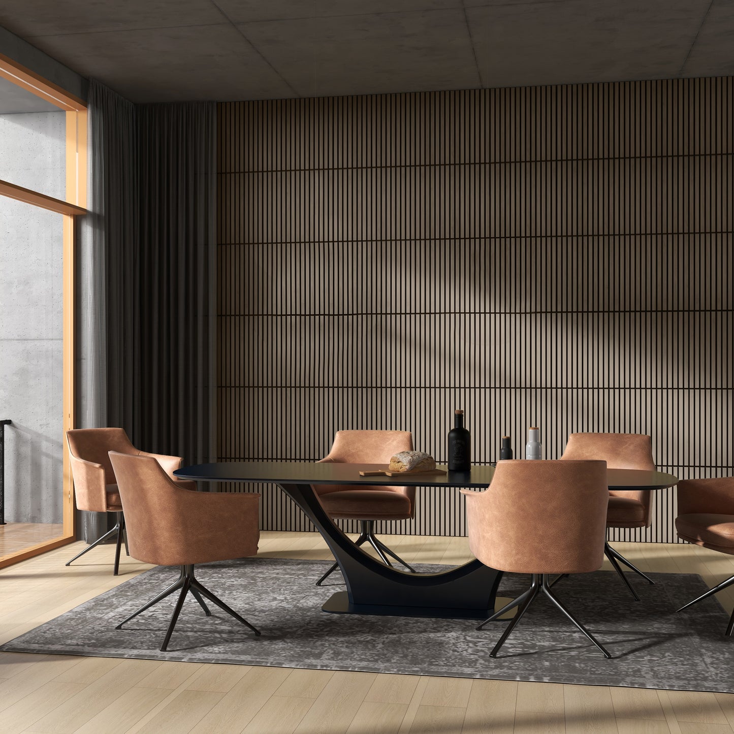 Modern oval dining table with black base and plush rustcolored swivel chairs
