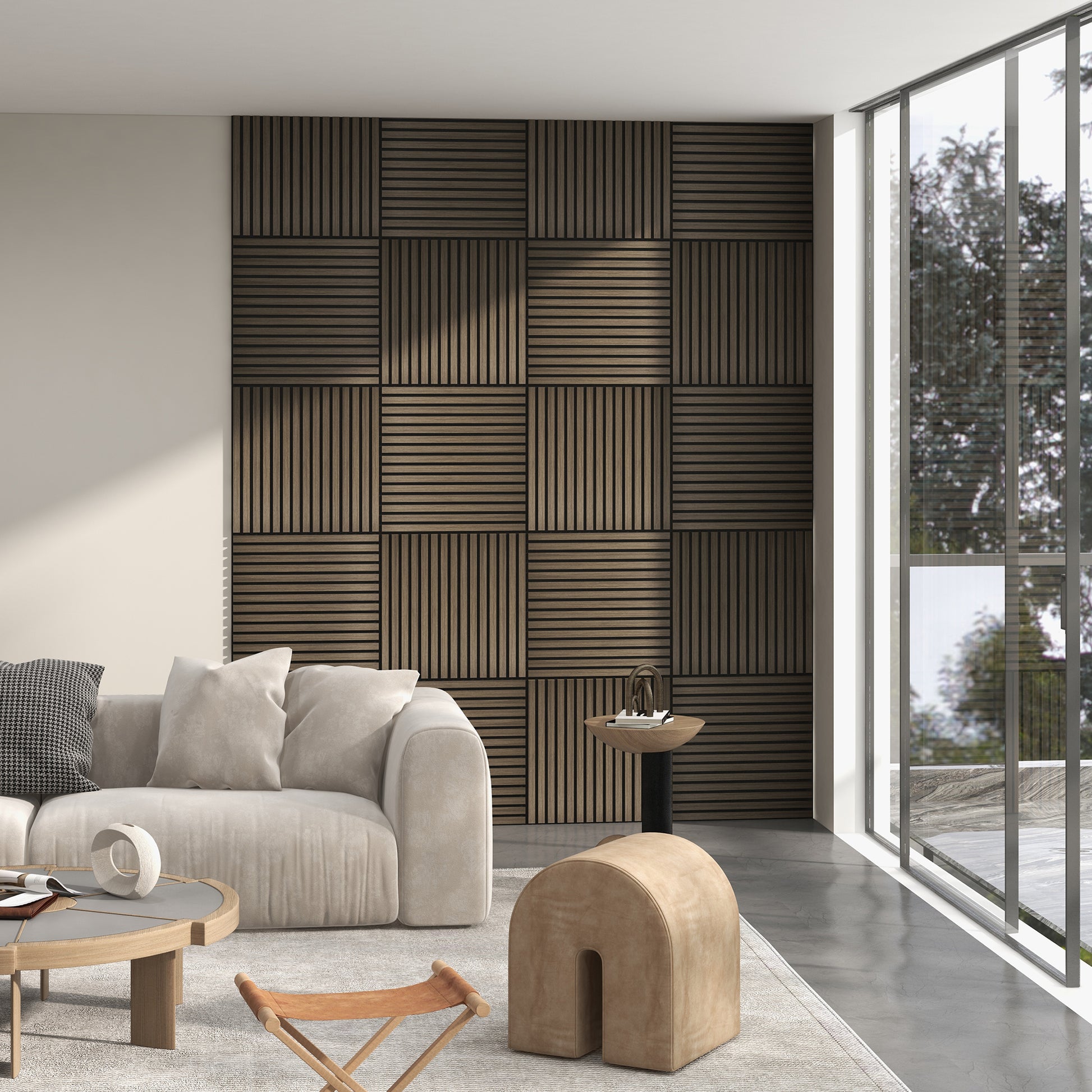 Modern wooden slat wall panels with a geometric wood design adding warmth and texture to living spaces