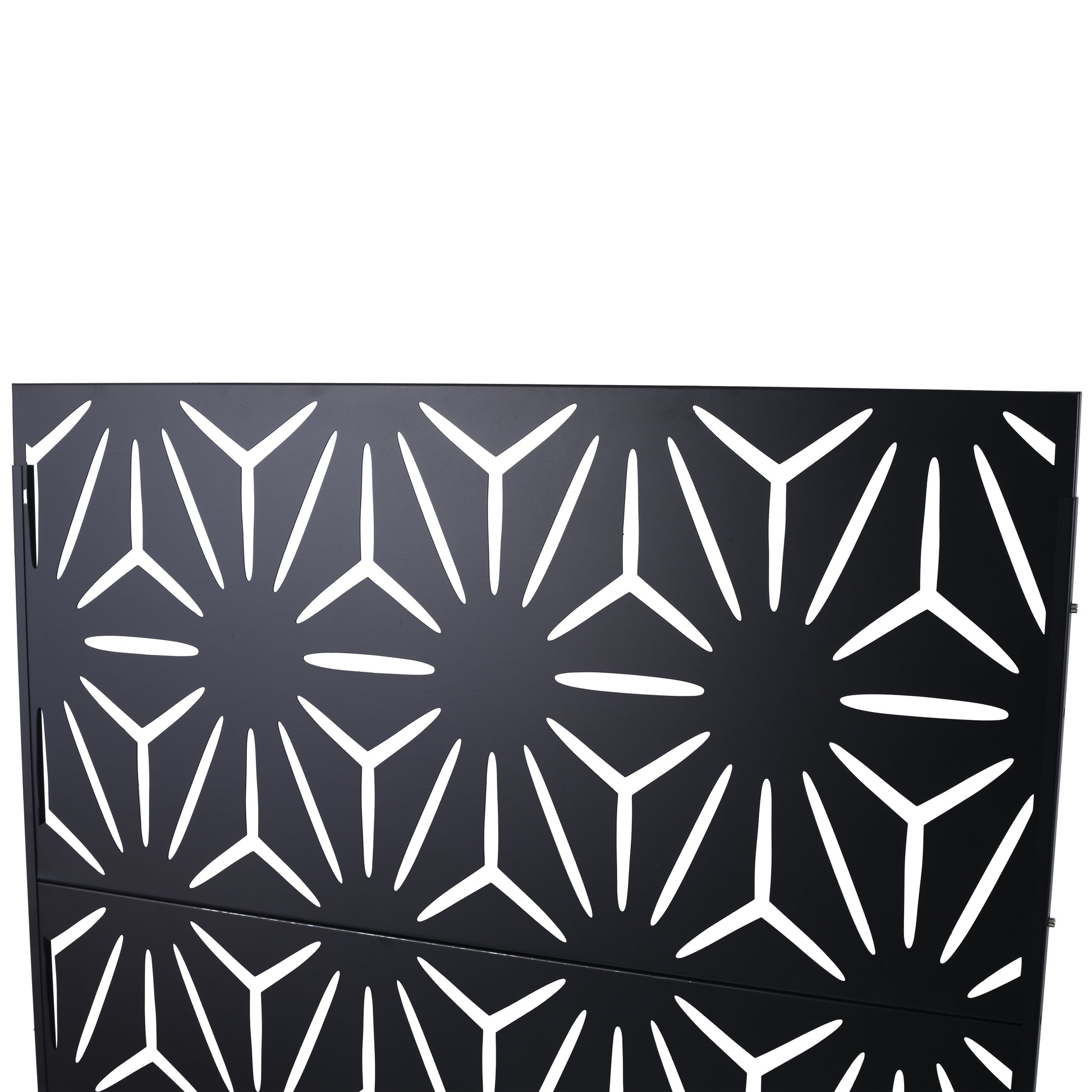 Black metal decorative screen with geometric starburst pattern for modern garden fences