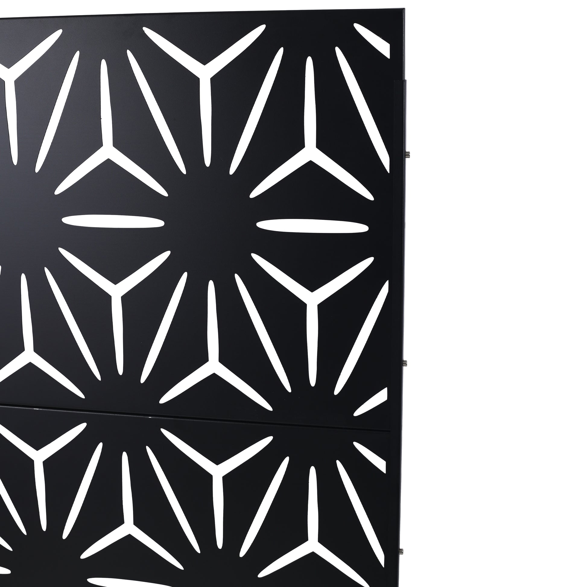 Black metal decorative panel with a geometric starburst pattern for outdoor screens