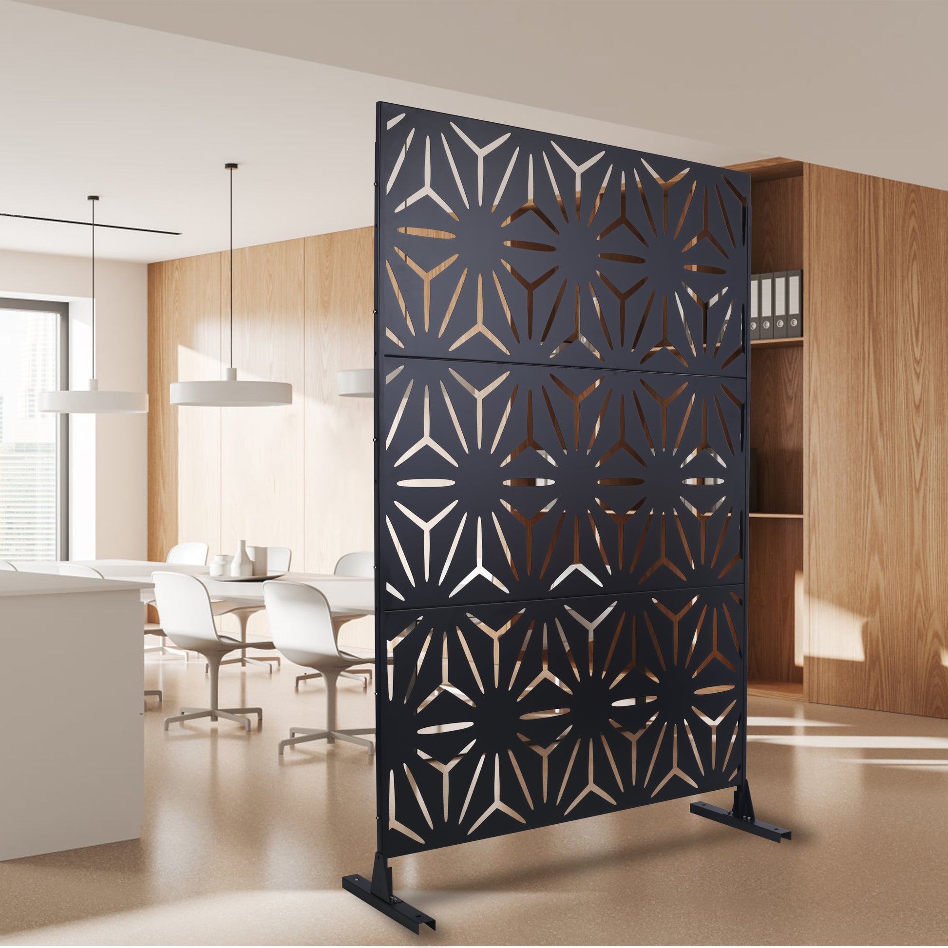 Modern black metal room divider with geometric cutouts ideal for living spaces