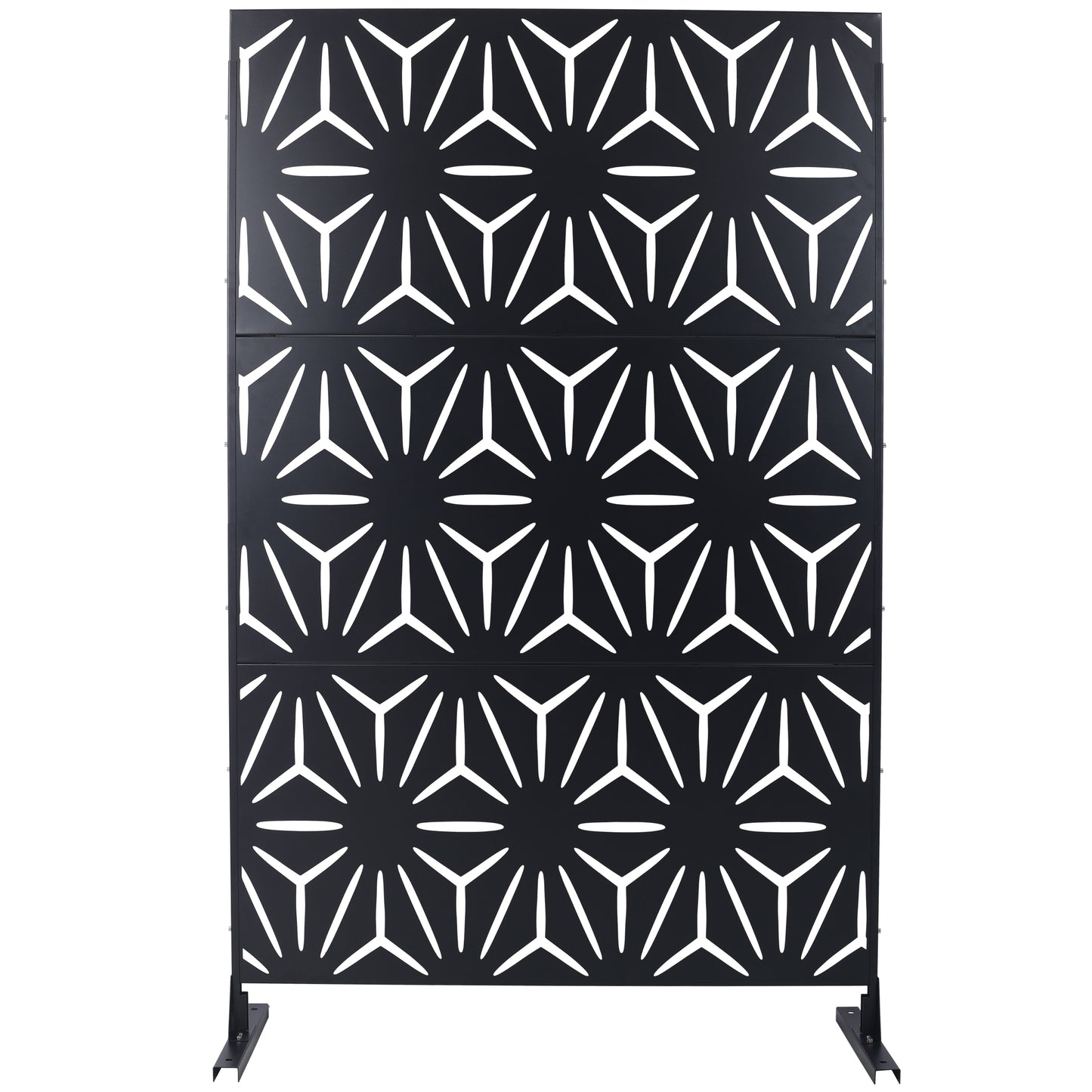Black metal garden screen with geometric starburst cutouts modern patio privacy
