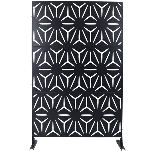 Black metal garden screen with geometric starburst cutouts modern patio privacy