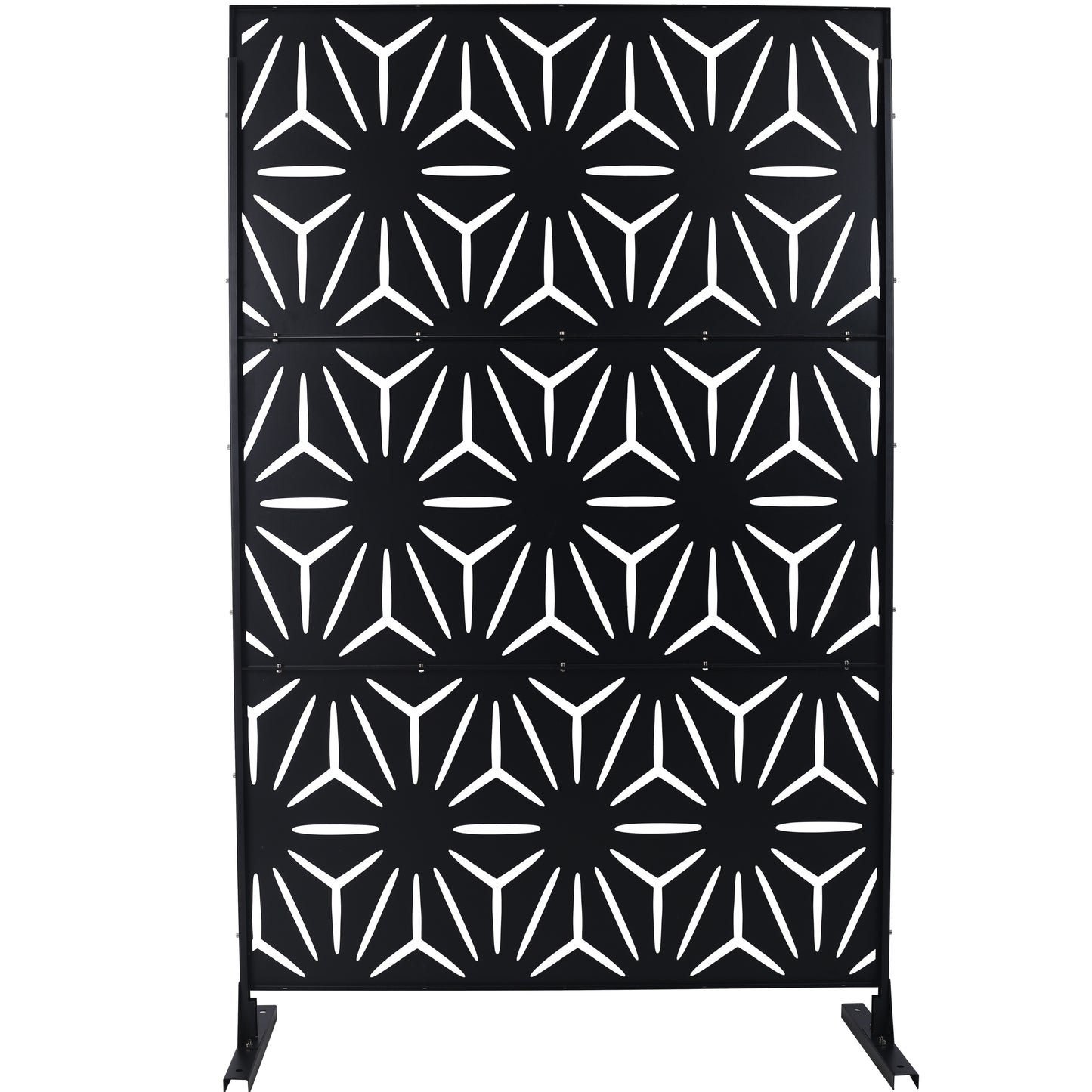Black metal privacy screen with geometric starburst pattern and sturdy base