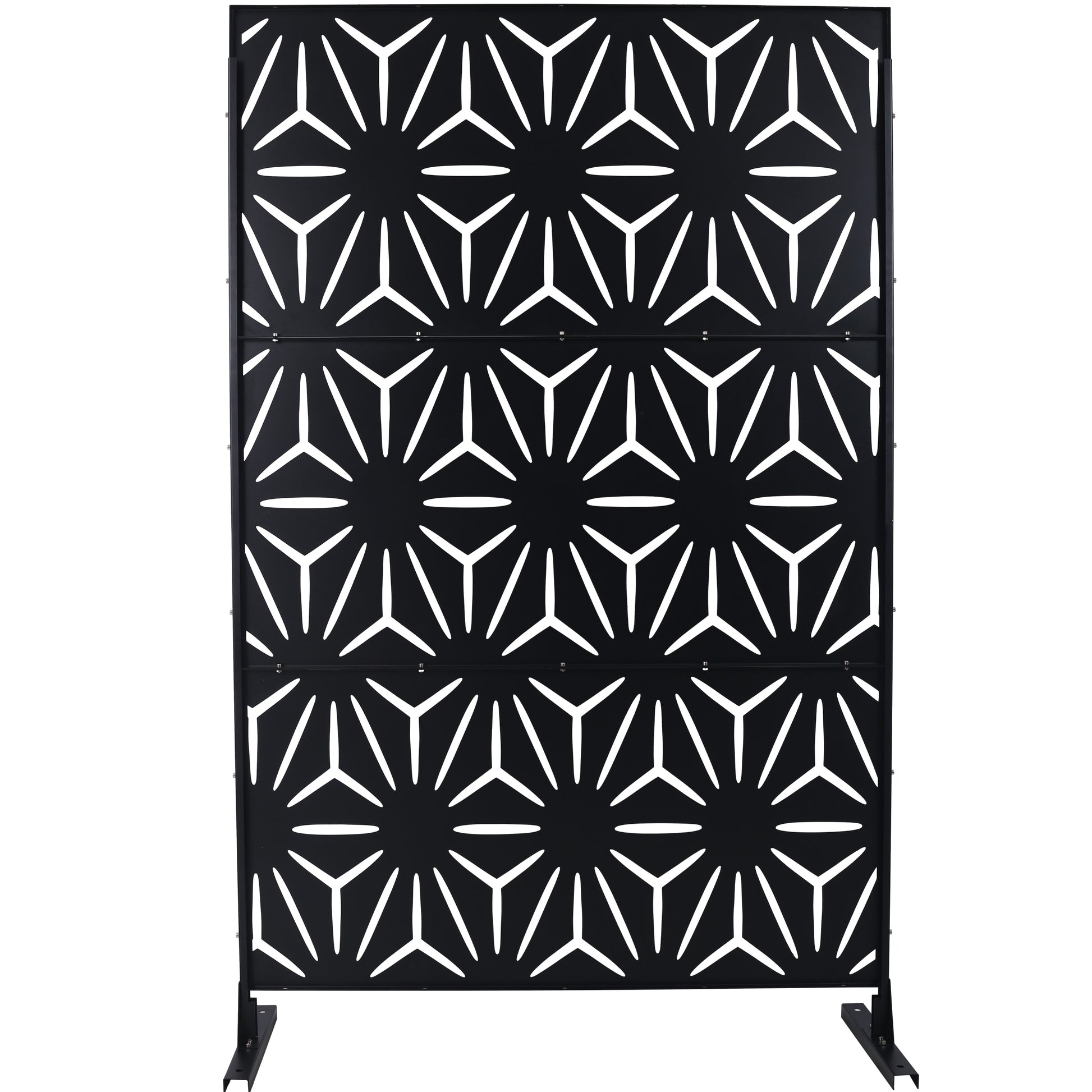 Black metal privacy screen with geometric starburst pattern and sturdy base
