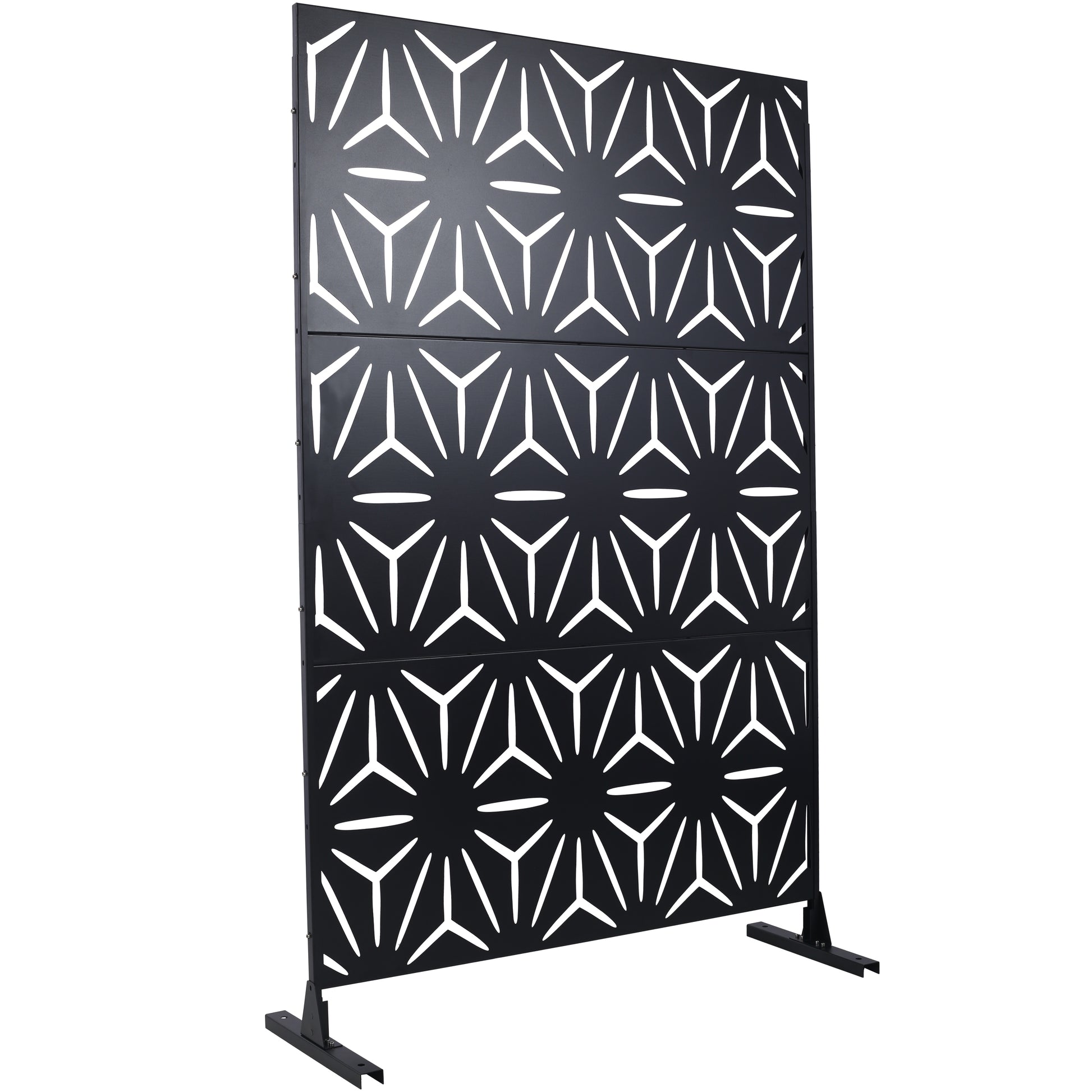 Black metal garden screen with a geometric starburst pattern ideal for outdoor privacy