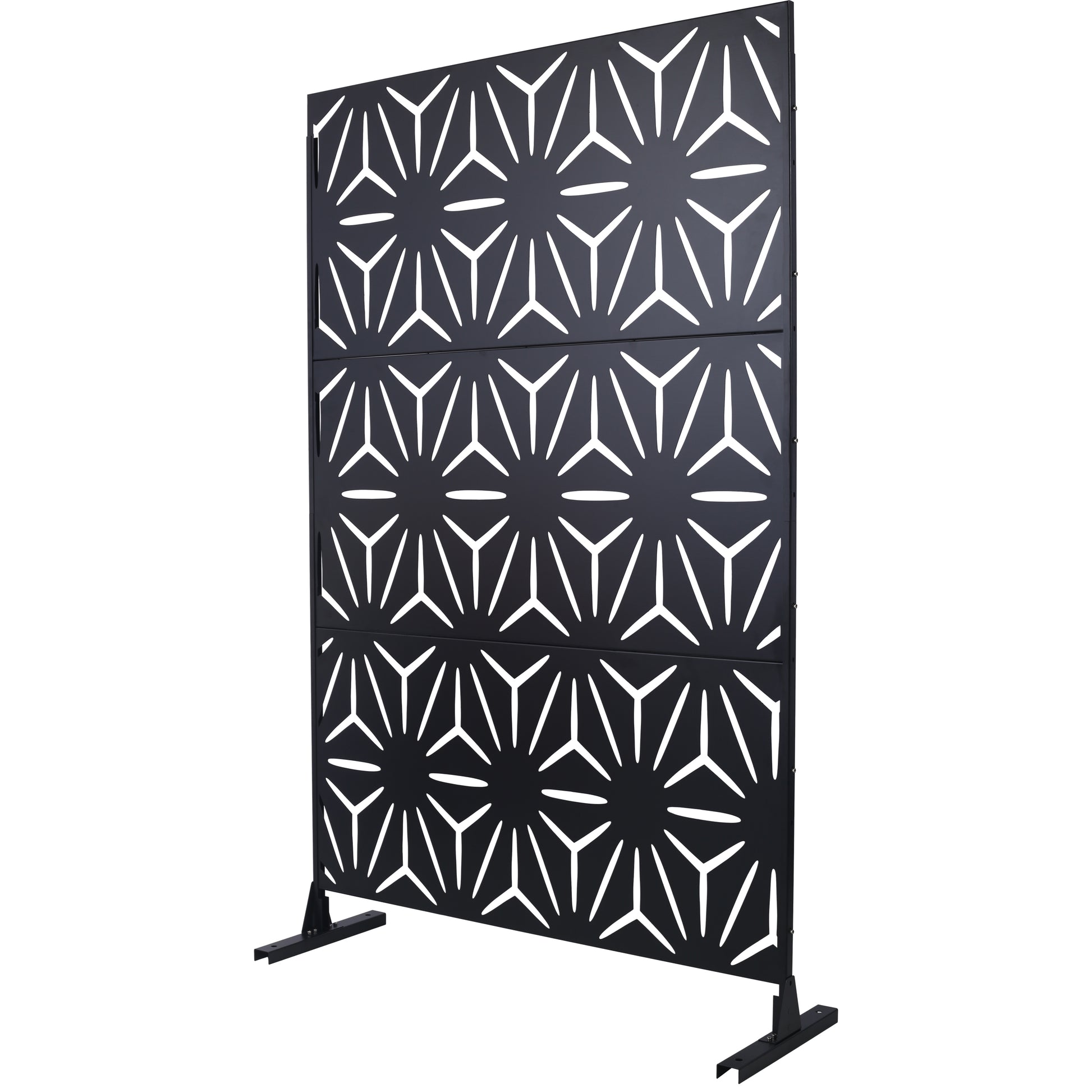 Black metal privacy screen with geometric starburst cutouts and stable base