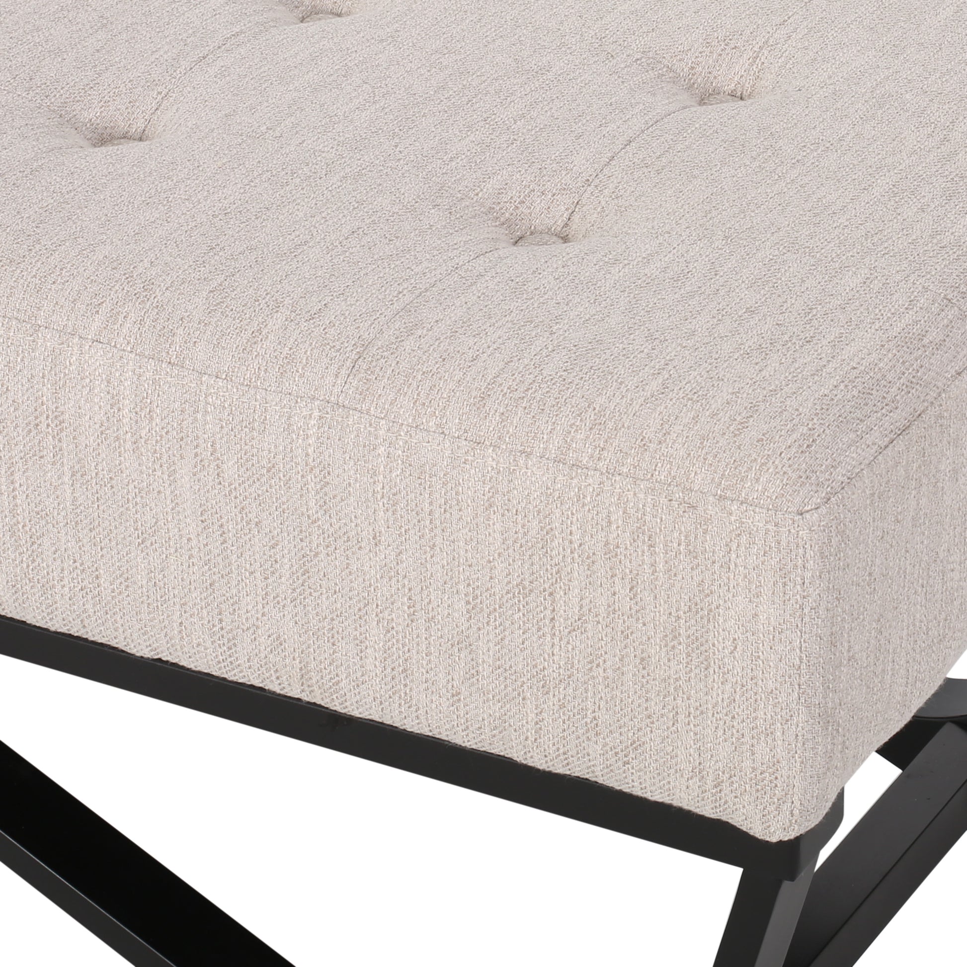 Tufted beige linen bench cushion with black metal legs