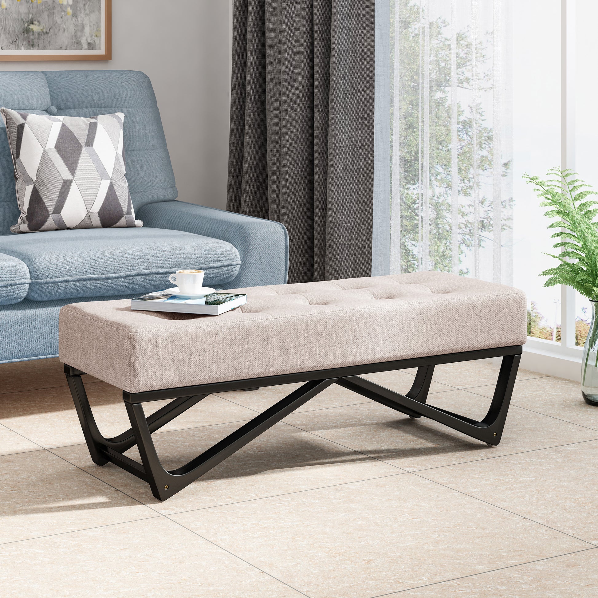 Tufted beige linen upholstered bench with curved black metal legs