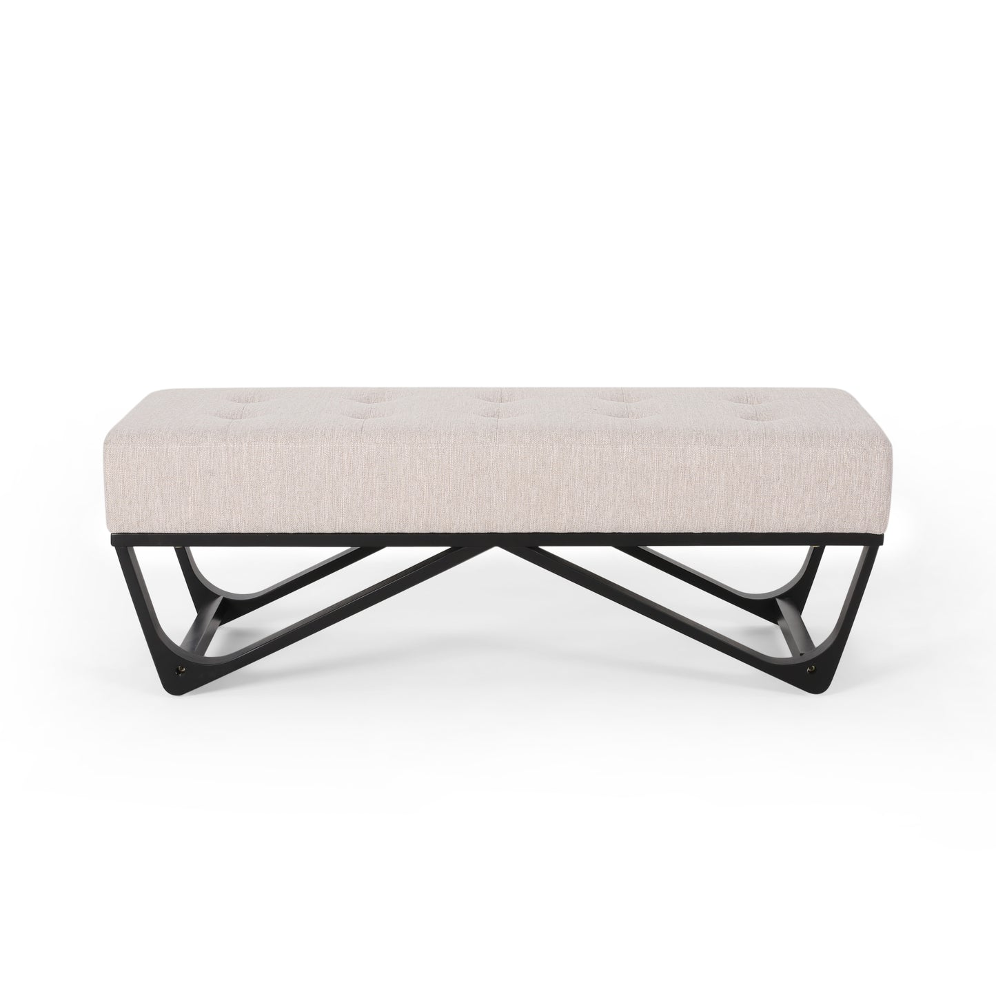 Tufted cream linen ottoman bench with black metal legs