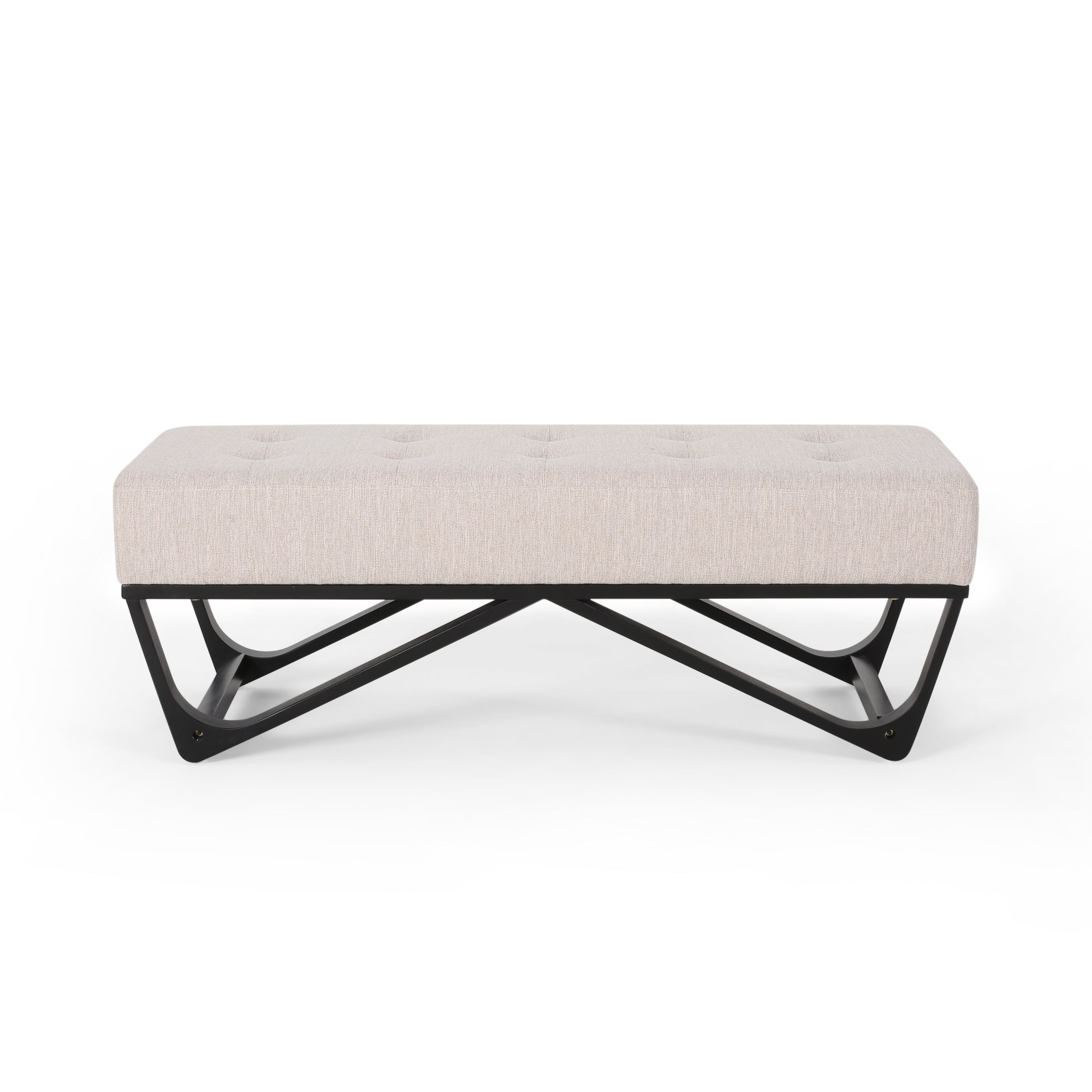 Tufted cream linen ottoman bench with black metal legs