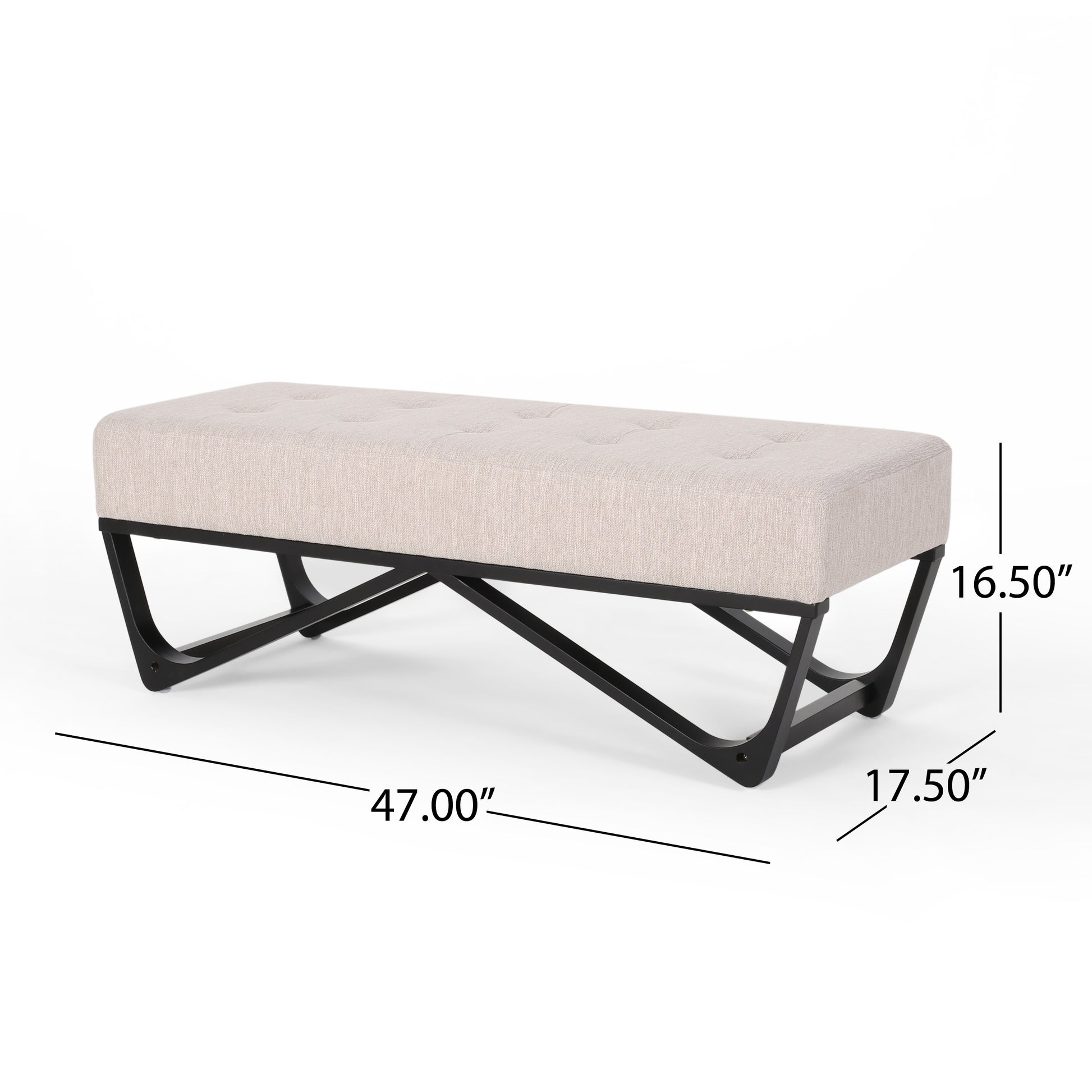Tufted beige fabric bench with black curved metal legs